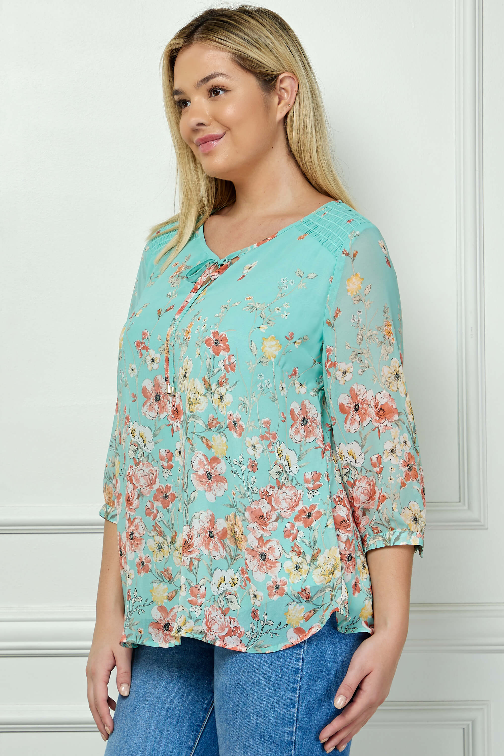 3/4 Button Cuff Smock Shoulder Tie Neck Border Print Blouse in Seafoam Petals - Plus - Image 3