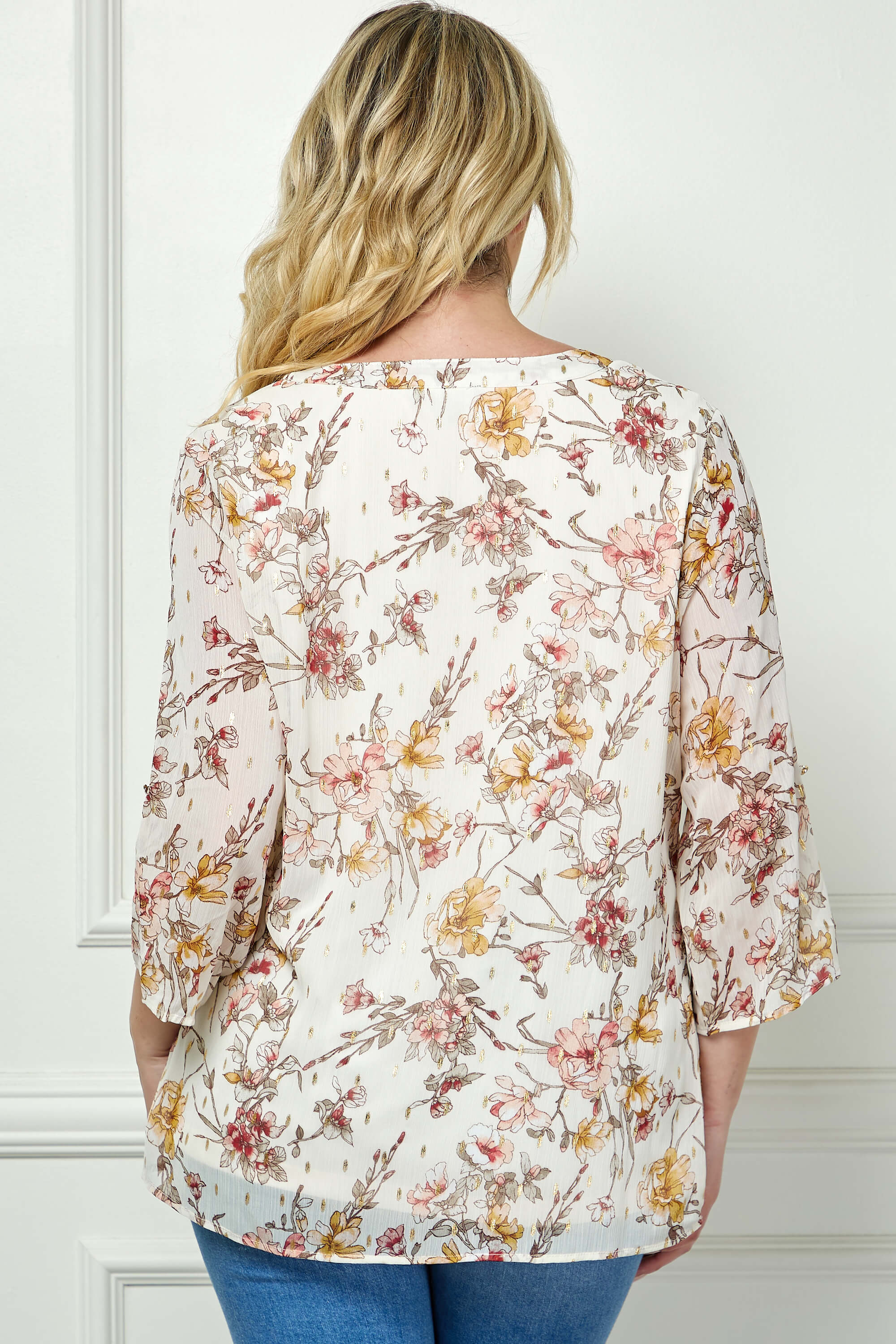 3/4 Button Tab Sleeve Mandarin Collar Blouse in Ivory - Plus - Image 4