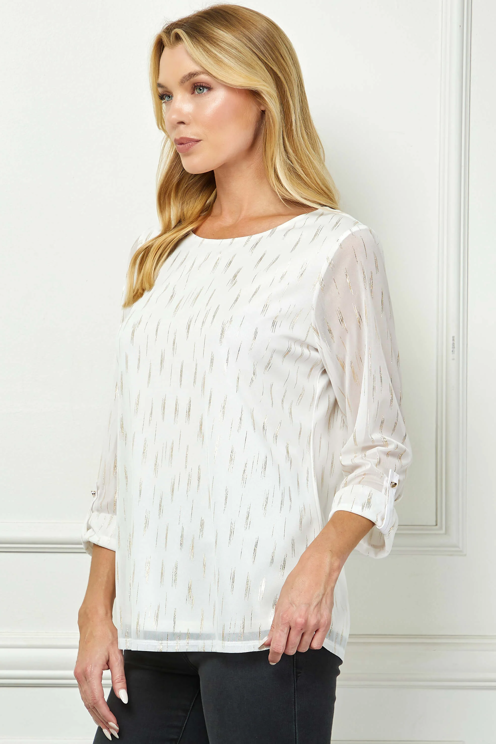 3/4 Button Tab Sleeve Scoop Neck Foil Blouse in Ivory - Image 3