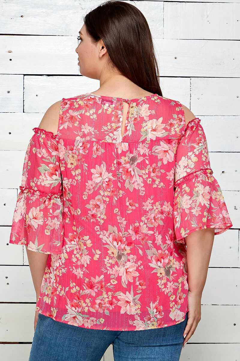 3/4 Double Ruffle Cold Shoulder Lace Inset Blouse in Pink - Plus - Image 2