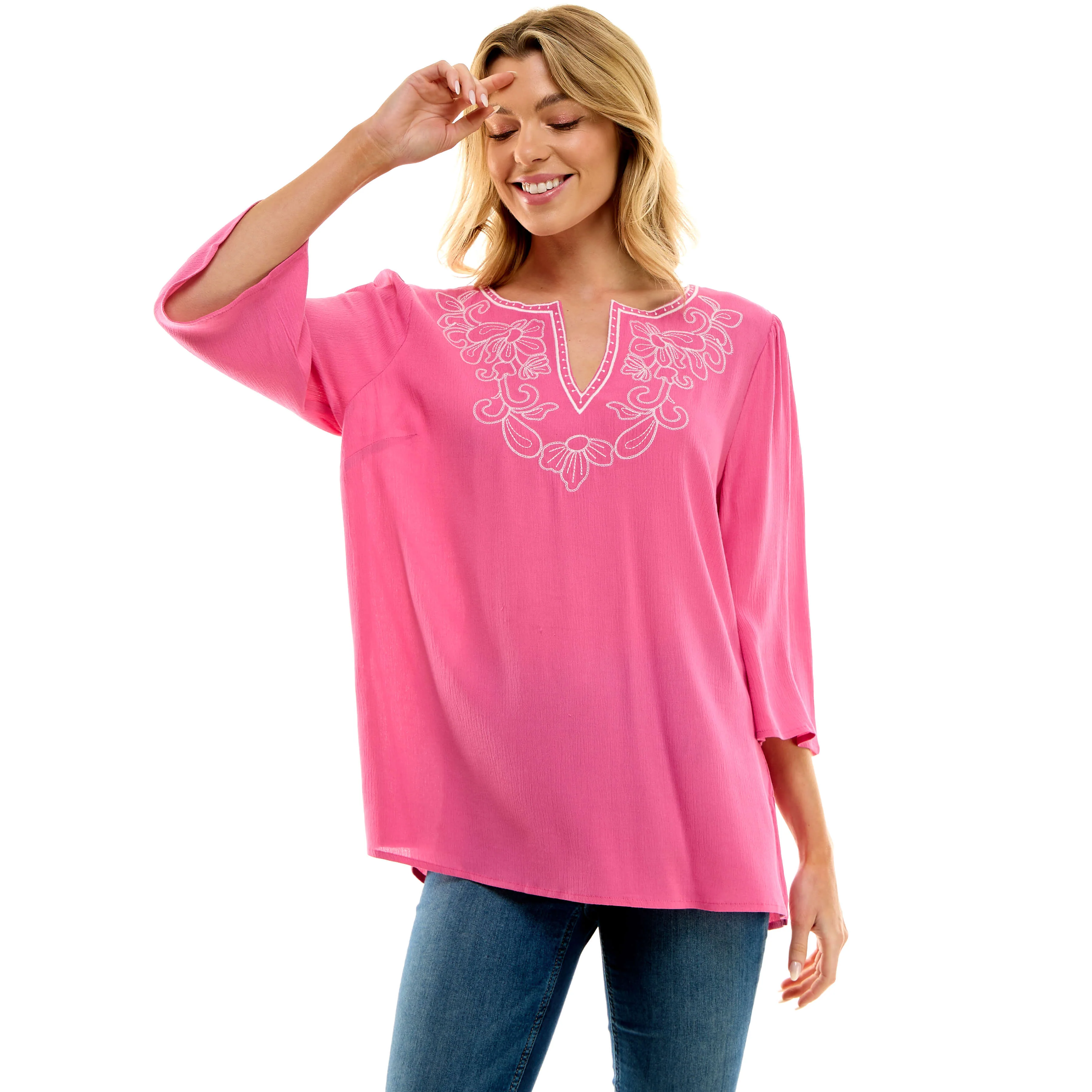 Roz and Ali 3/4 Flare Sleeve Embroidered Yoke Tunic in Pink - Image 2