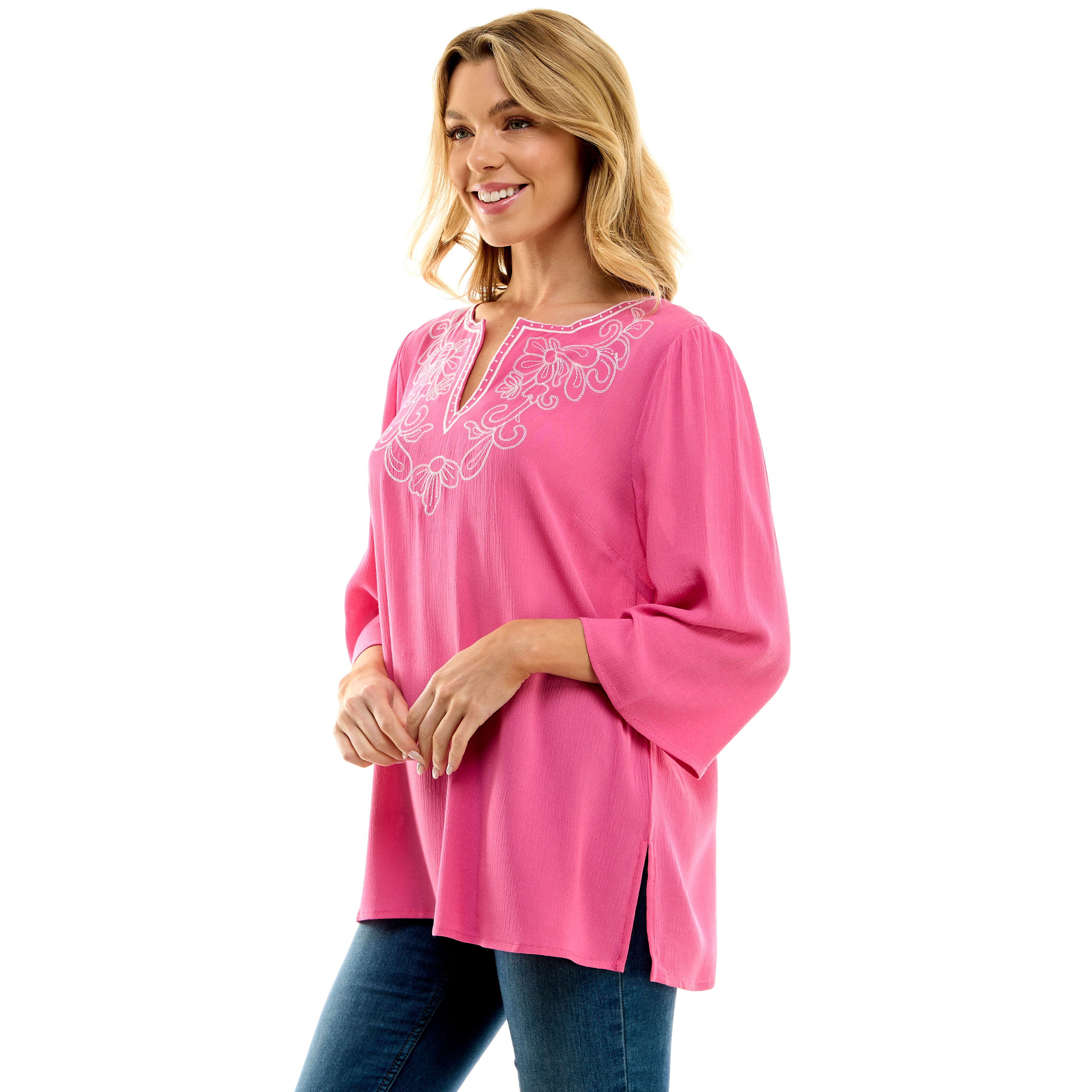 Roz and Ali 3/4 Flare Sleeve Embroidered Yoke Tunic in Pink - Image 3