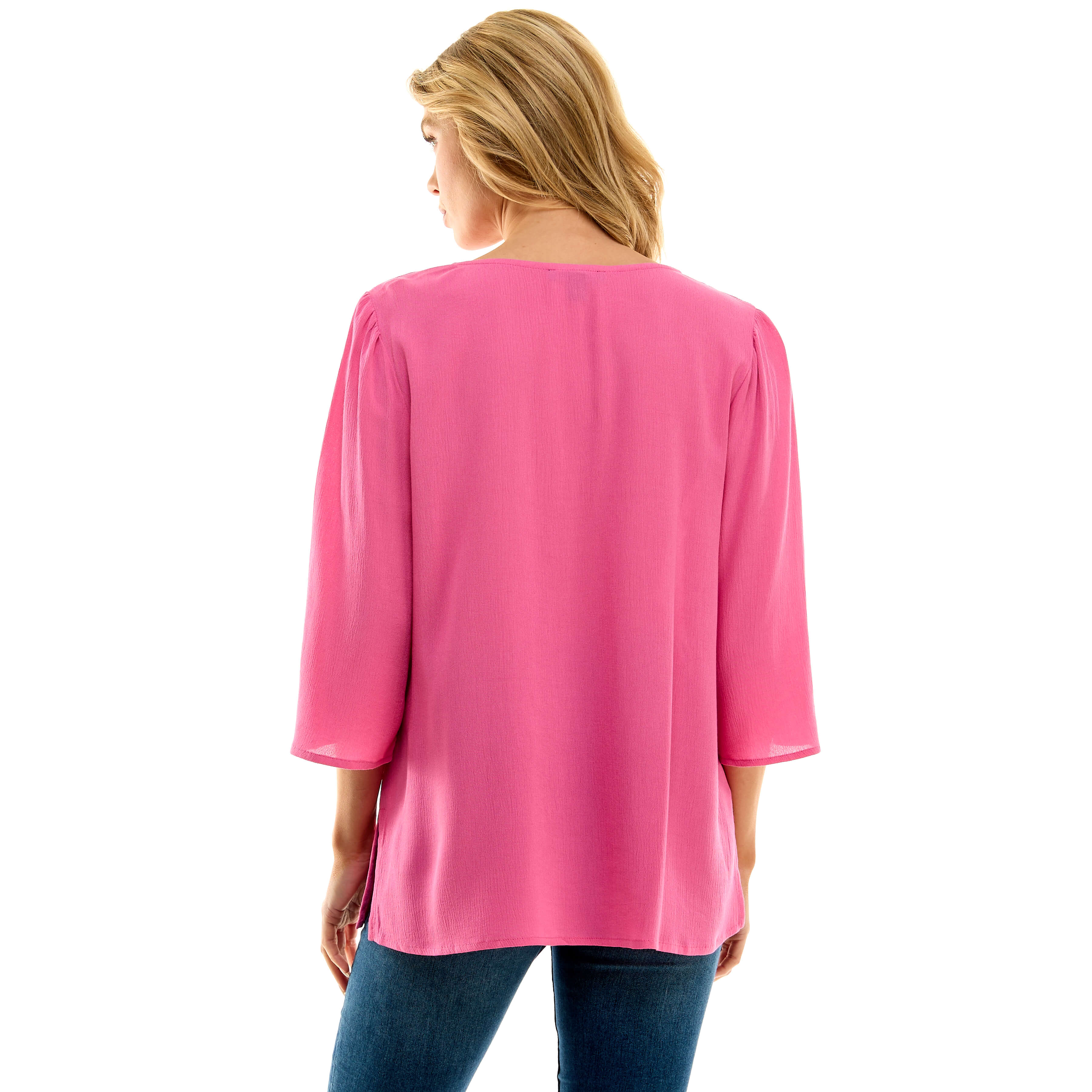 Roz and Ali 3/4 Flare Sleeve Embroidered Yoke Tunic in Pink - Image 4