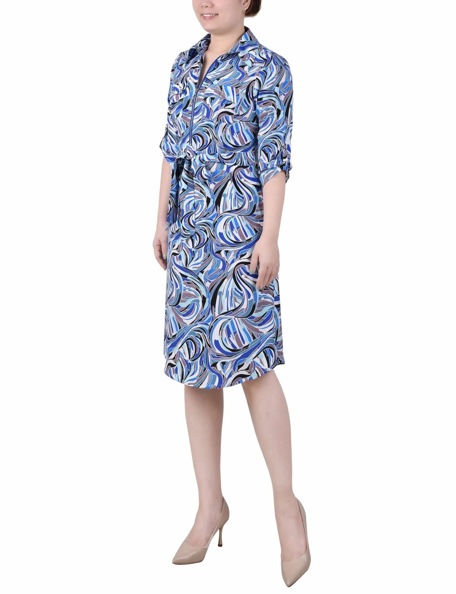 3/4 Length Roll Tab Zip Front Shirtdress - Petite - Image 2