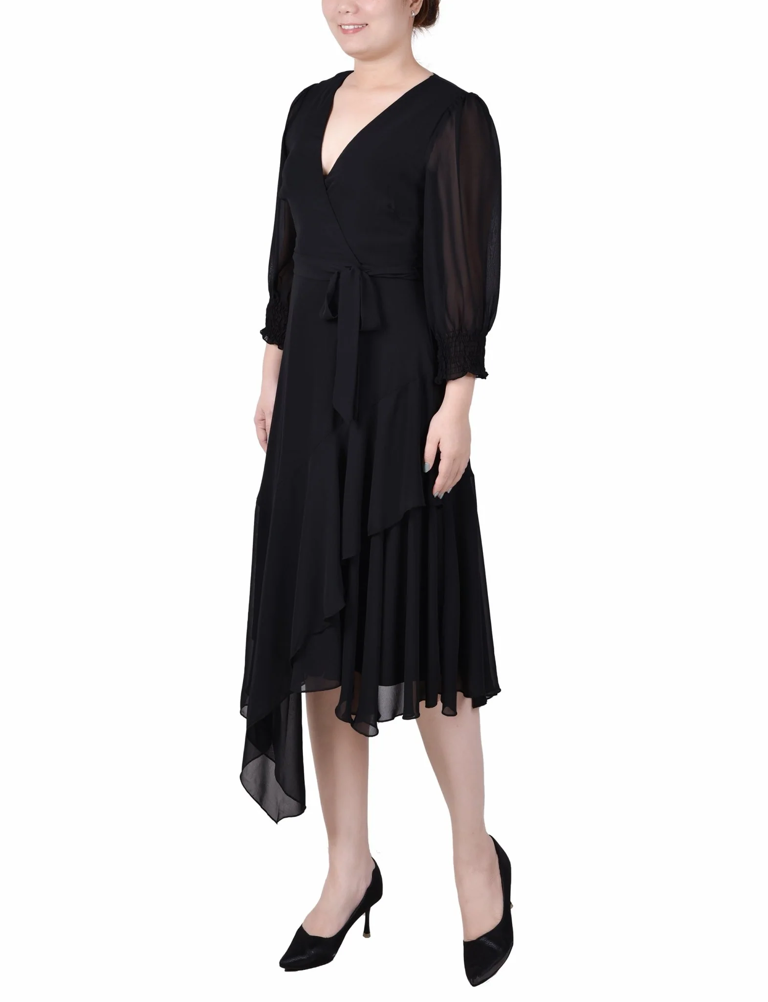 3/4 Length Sleeve Belted Chiffon Handkerchief Hem Dress - Petite - Image 2