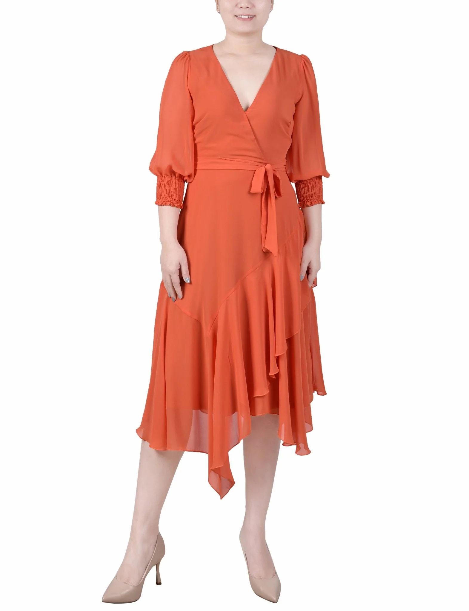3/4 Length Sleeve Belted Chiffon Handkerchief Hem Dress - Petite - Image 7
