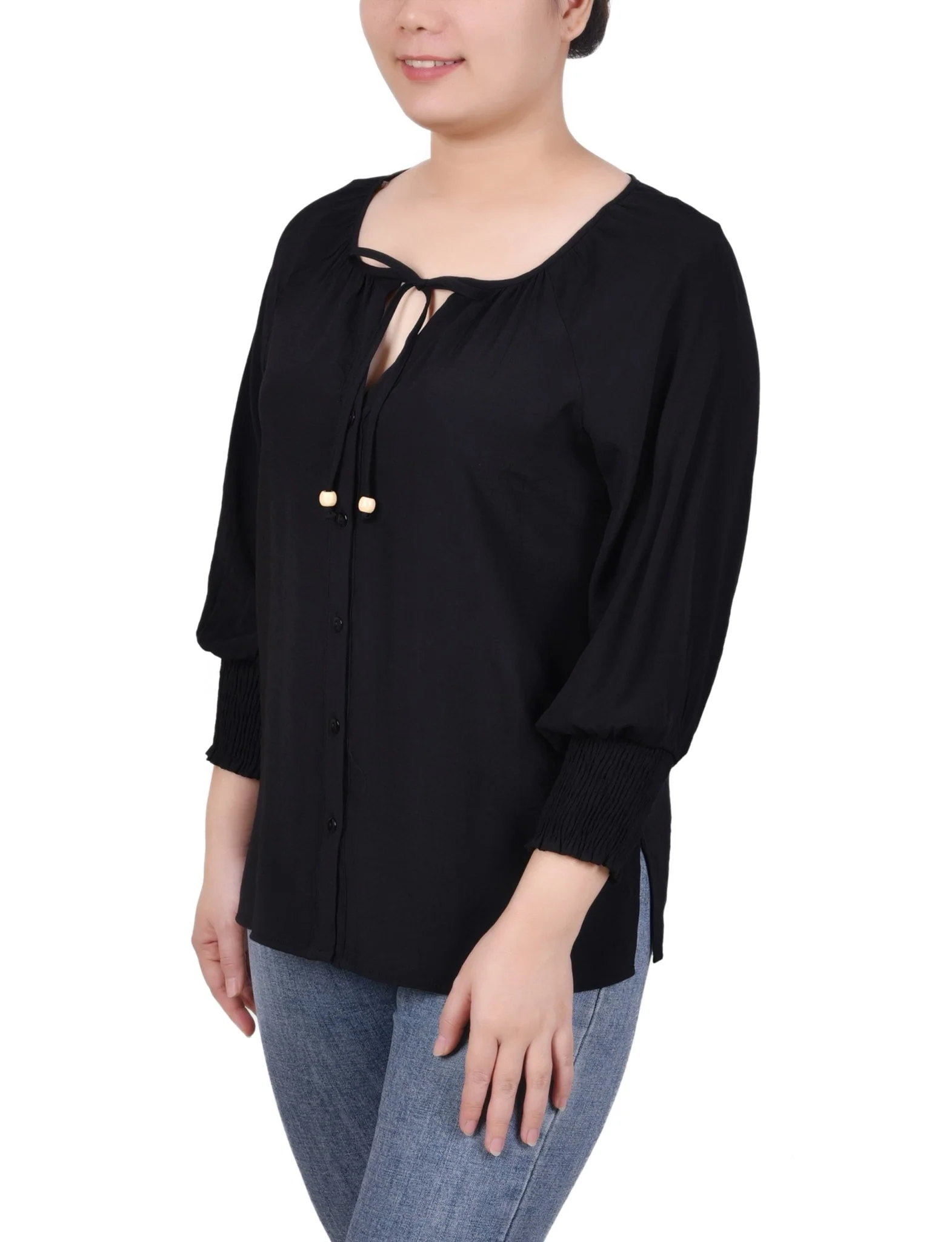 3/4 Length Sleeve Button Front Blouse - Petite - Image 2