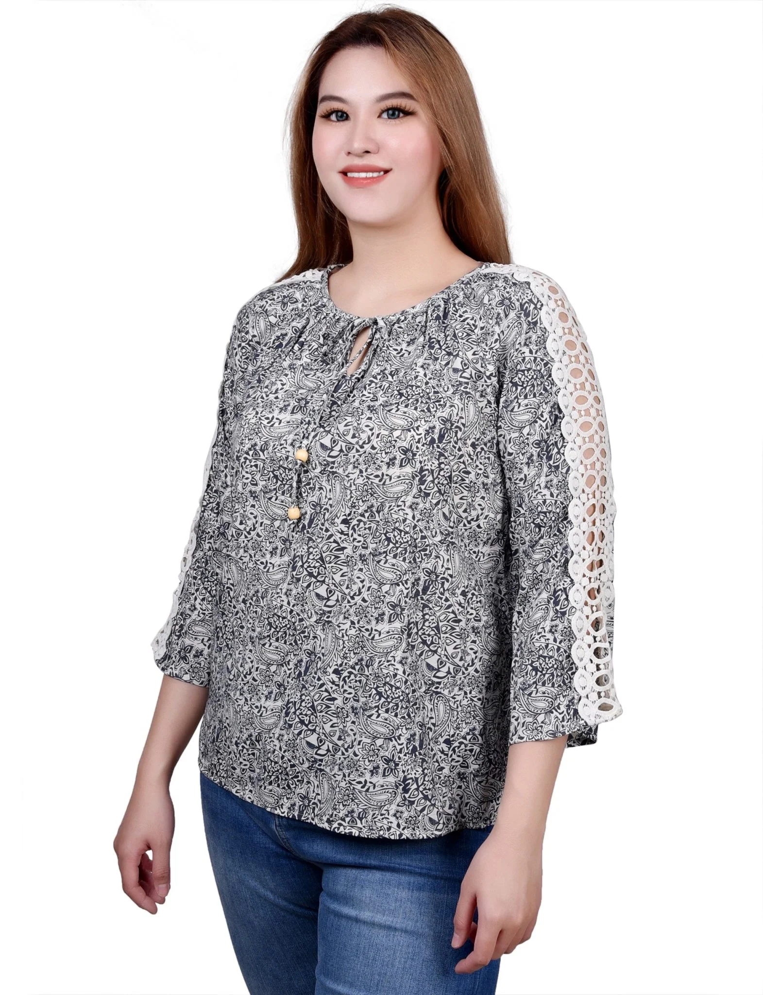 3/4 Length Sleeve Crochet Detail Blouse - Petite - Image 10