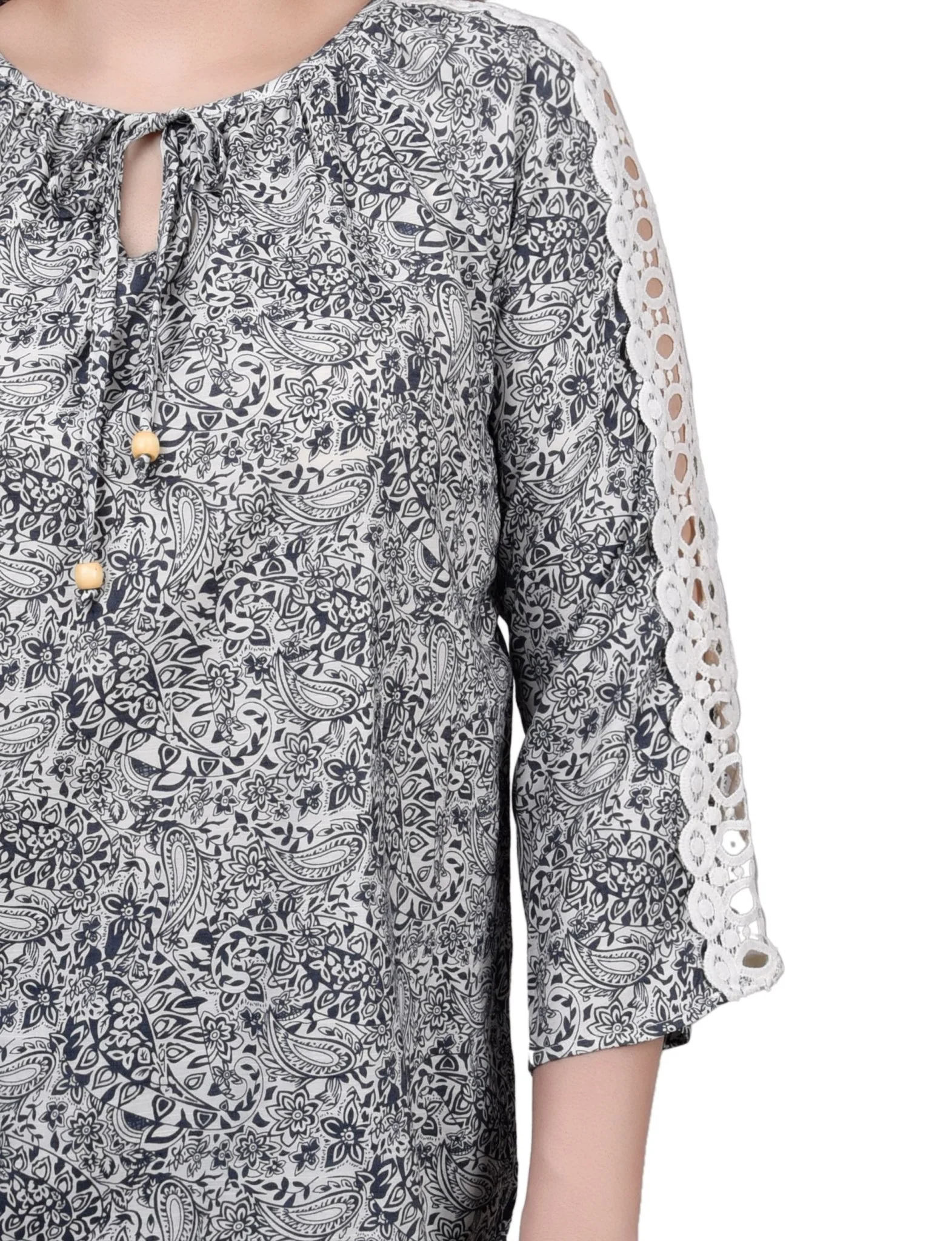 3/4 Length Sleeve Crochet Detail Blouse - Petite - Image 11