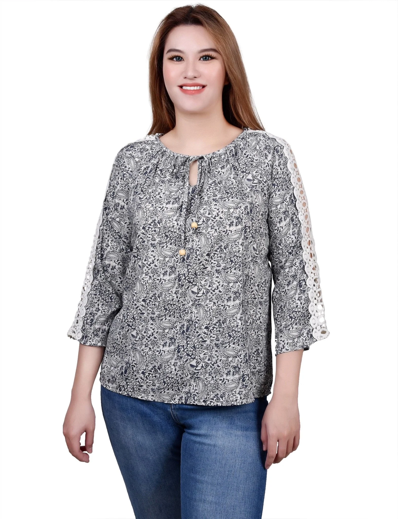 3/4 Length Sleeve Crochet Detail Blouse - Petite - Image 9