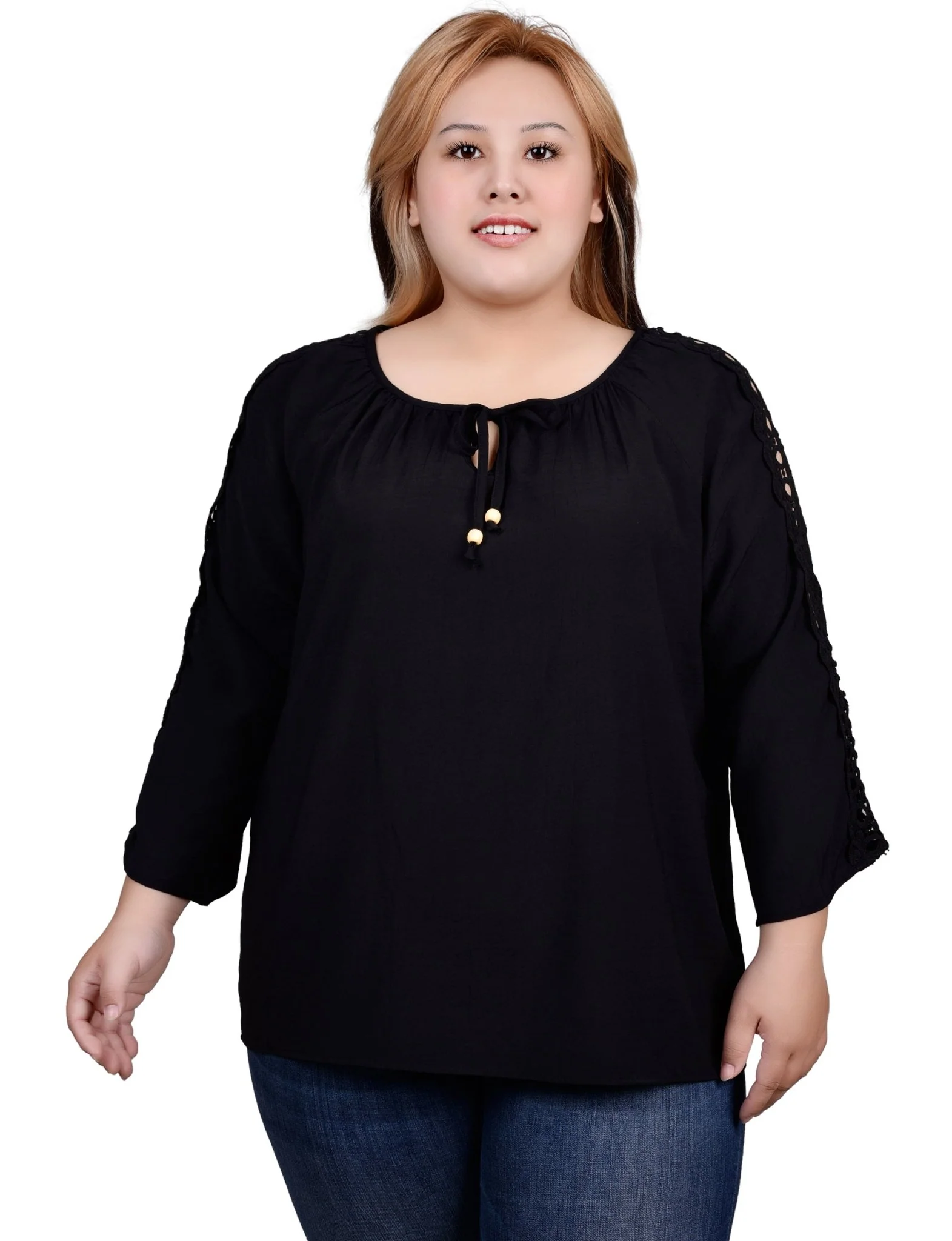 3/4 Length Sleeve Crochet Detail Blouse - Plus - Image 13