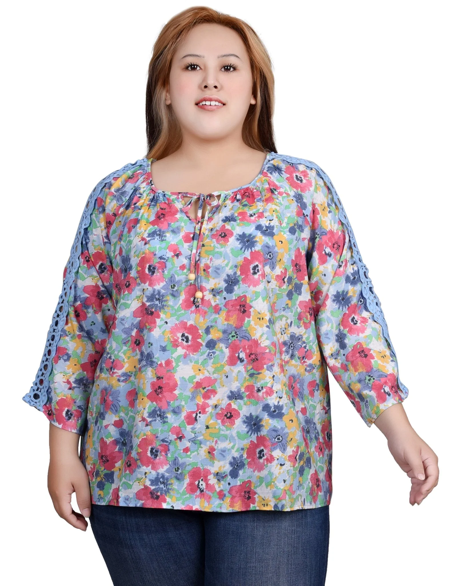 3/4 Length Sleeve Crochet Detail Blouse - Plus - Image 6