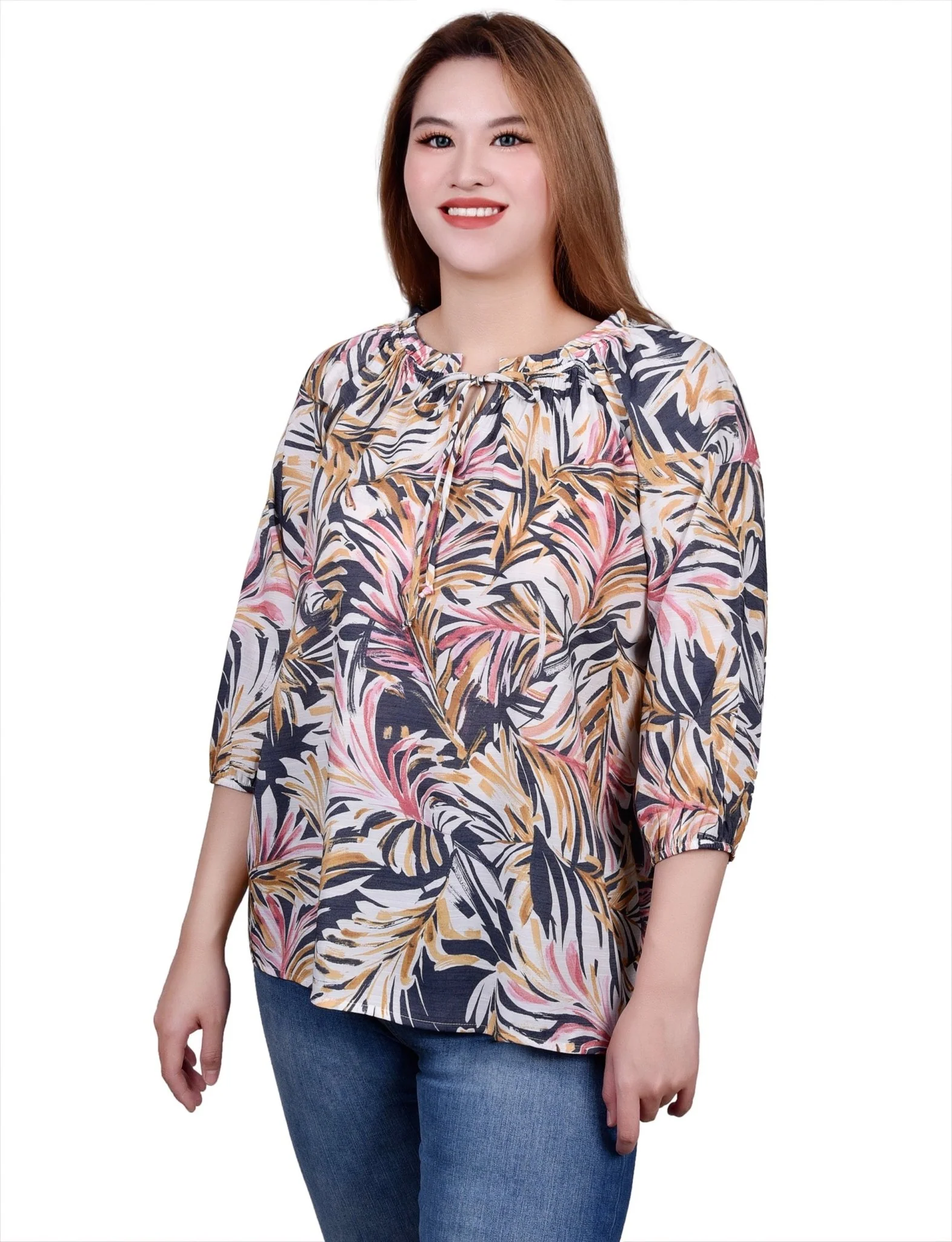 3/4 Length Sleeve Drawstring Neck Blouse - Image 2