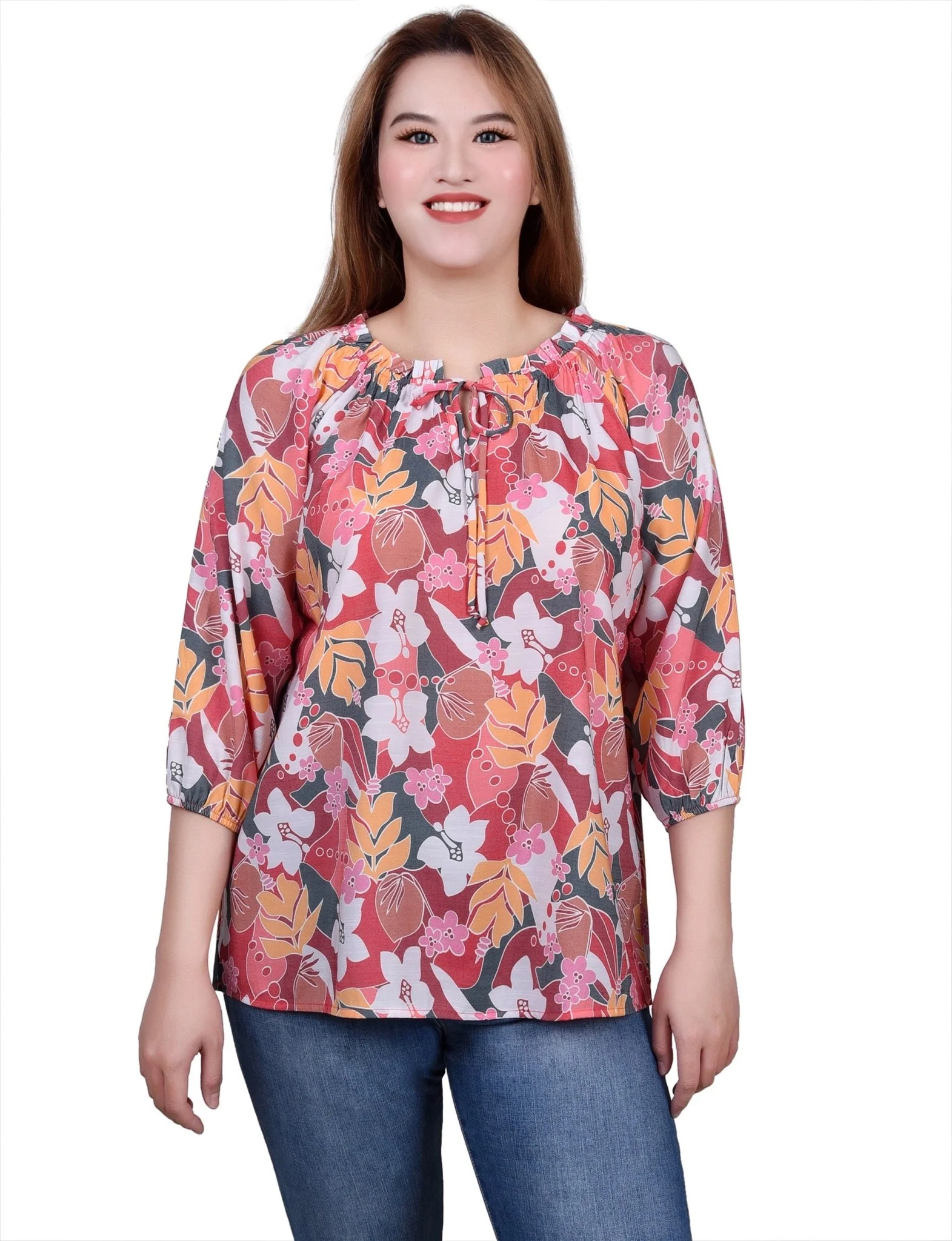 3/4 Length Sleeve Drawstring Neck Blouse - Image 5