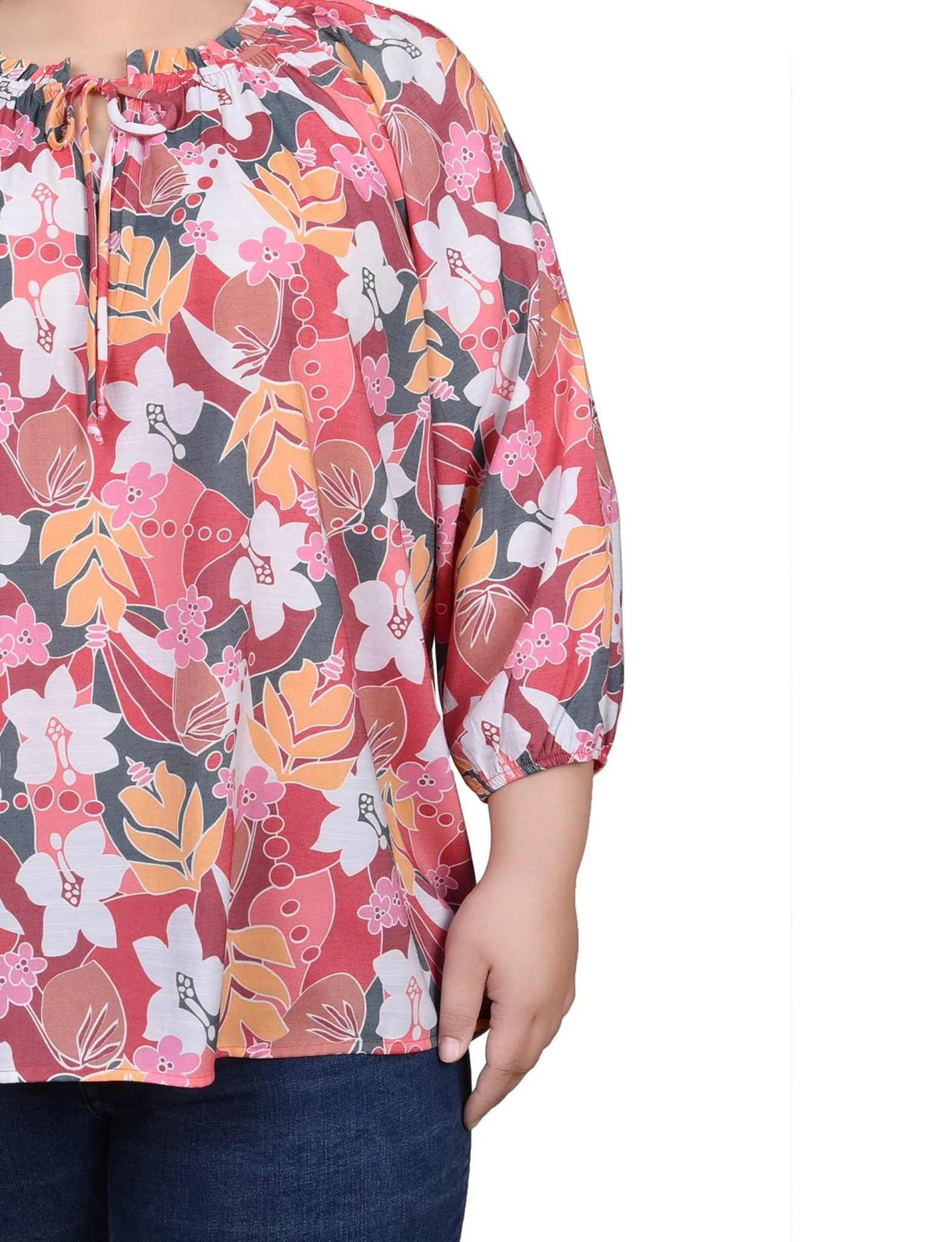 3/4 Length Sleeve Drawstring Neck Blouse - Plus - Image 7