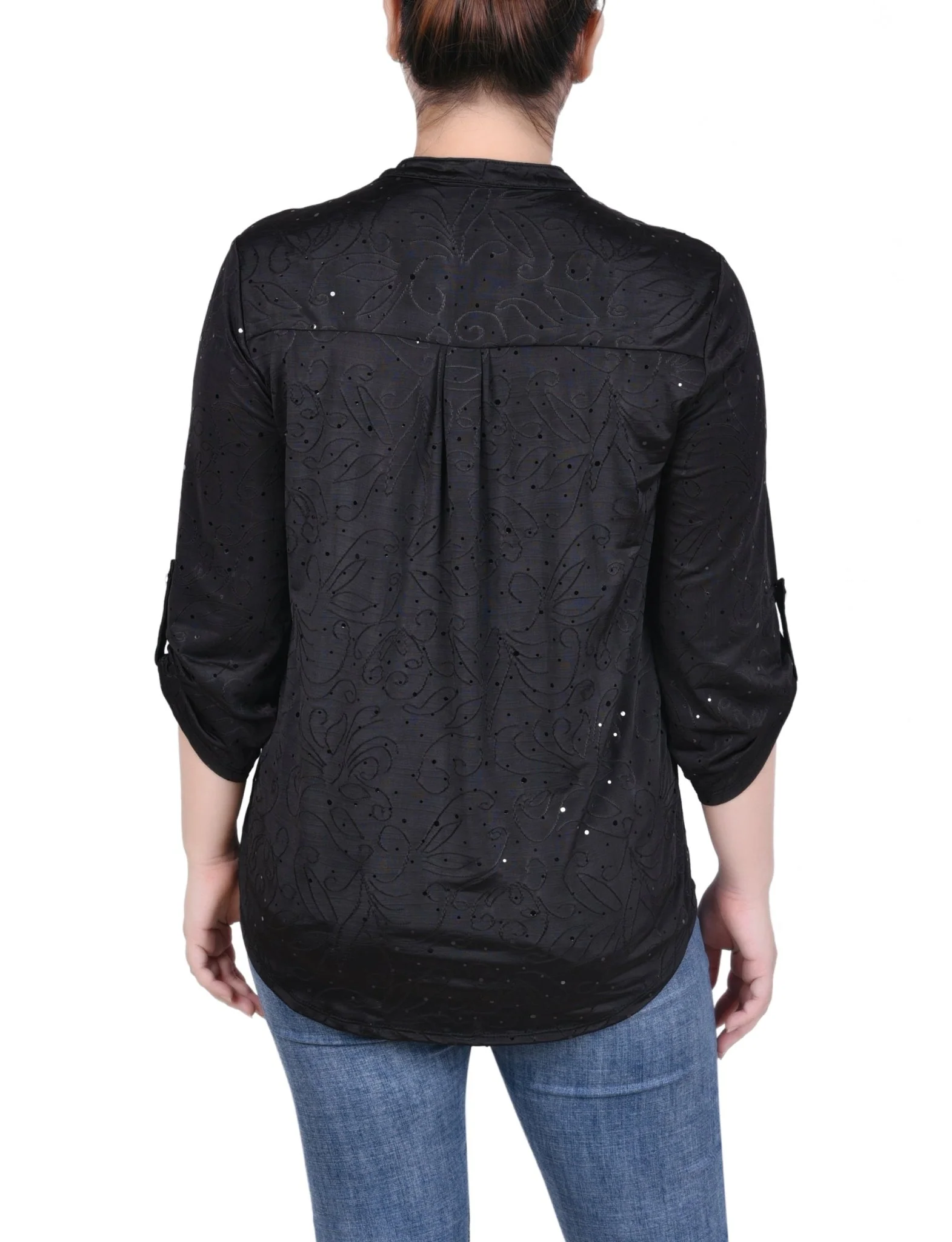 3/4 Length Sleeve Roll Tab Y Neck Top - Petite - Image 4