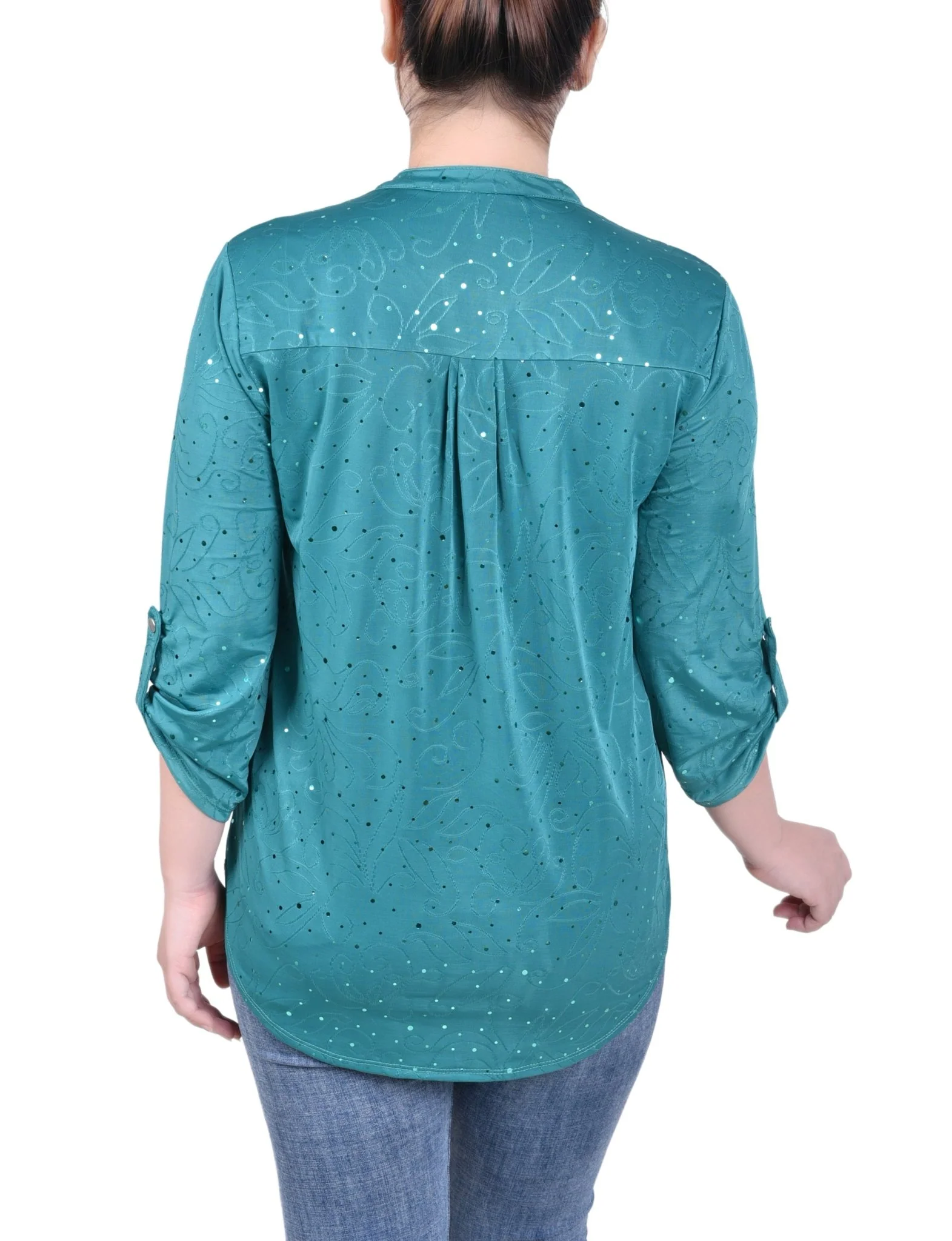 3/4 Length Sleeve Roll Tab Y Neck Top - Petite - Image 8