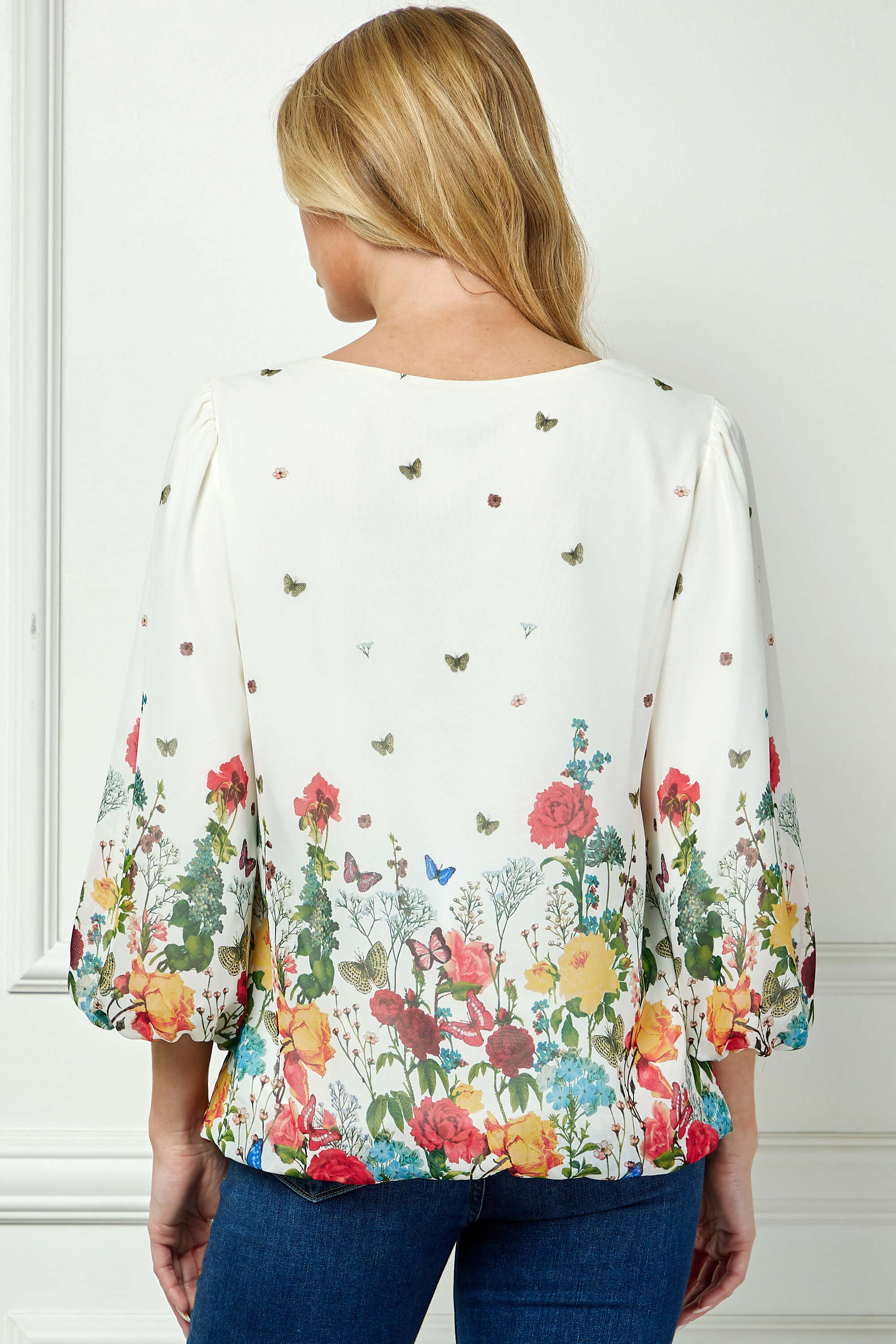 3/4 Puff Sleeve Cutout Neck Border Print Bubble Blouse - Image 2