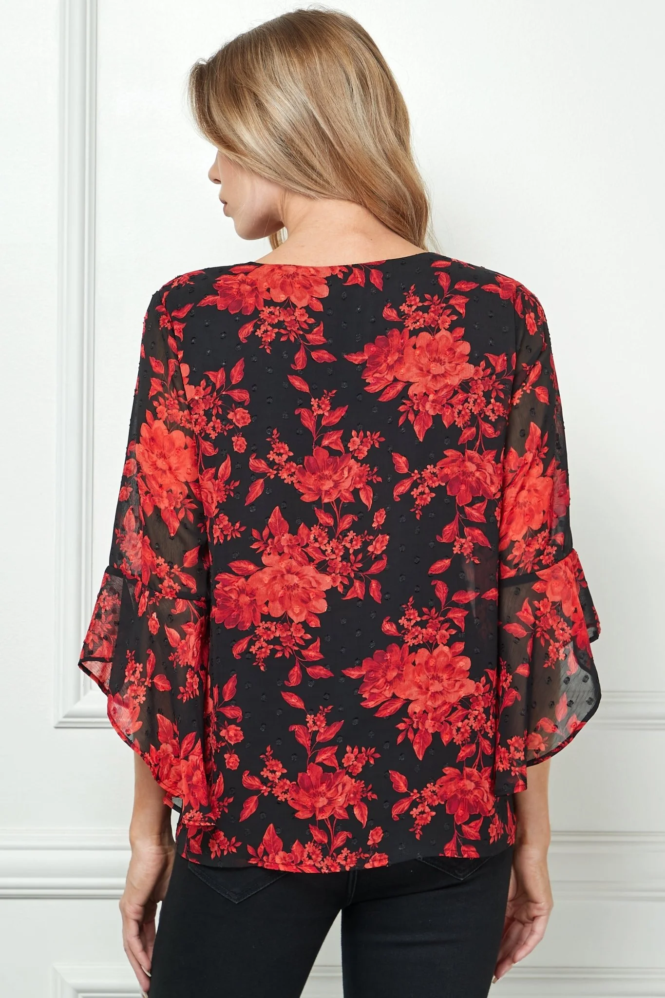 3/4 Quarter Ruffle Sleeve V-Neck Swing Blouse, Black/Wine/Red - Image 4
