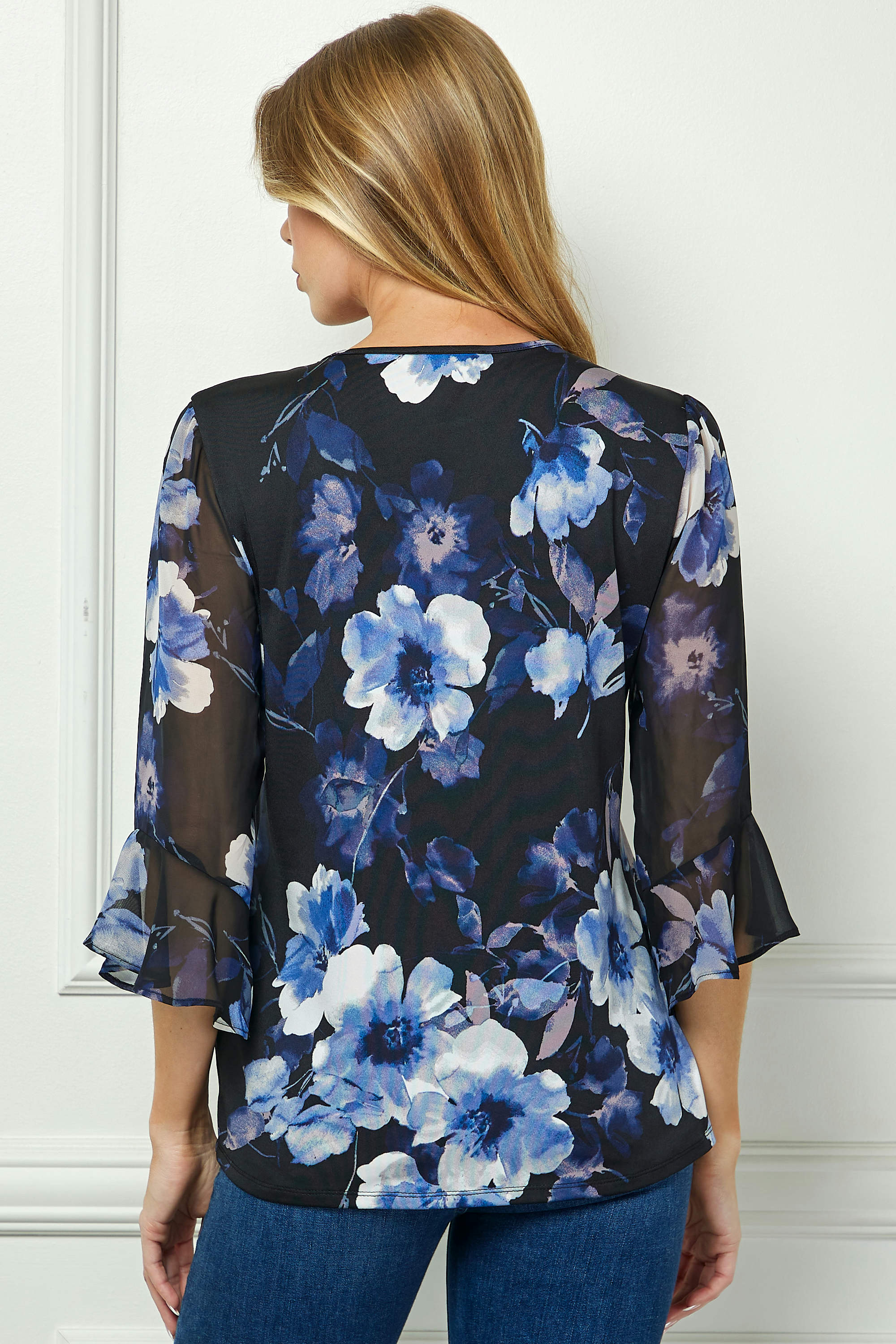 3/4 Ruffle Sleeve Pintuck V-Neck Popover Blouse in Blue - Image 4