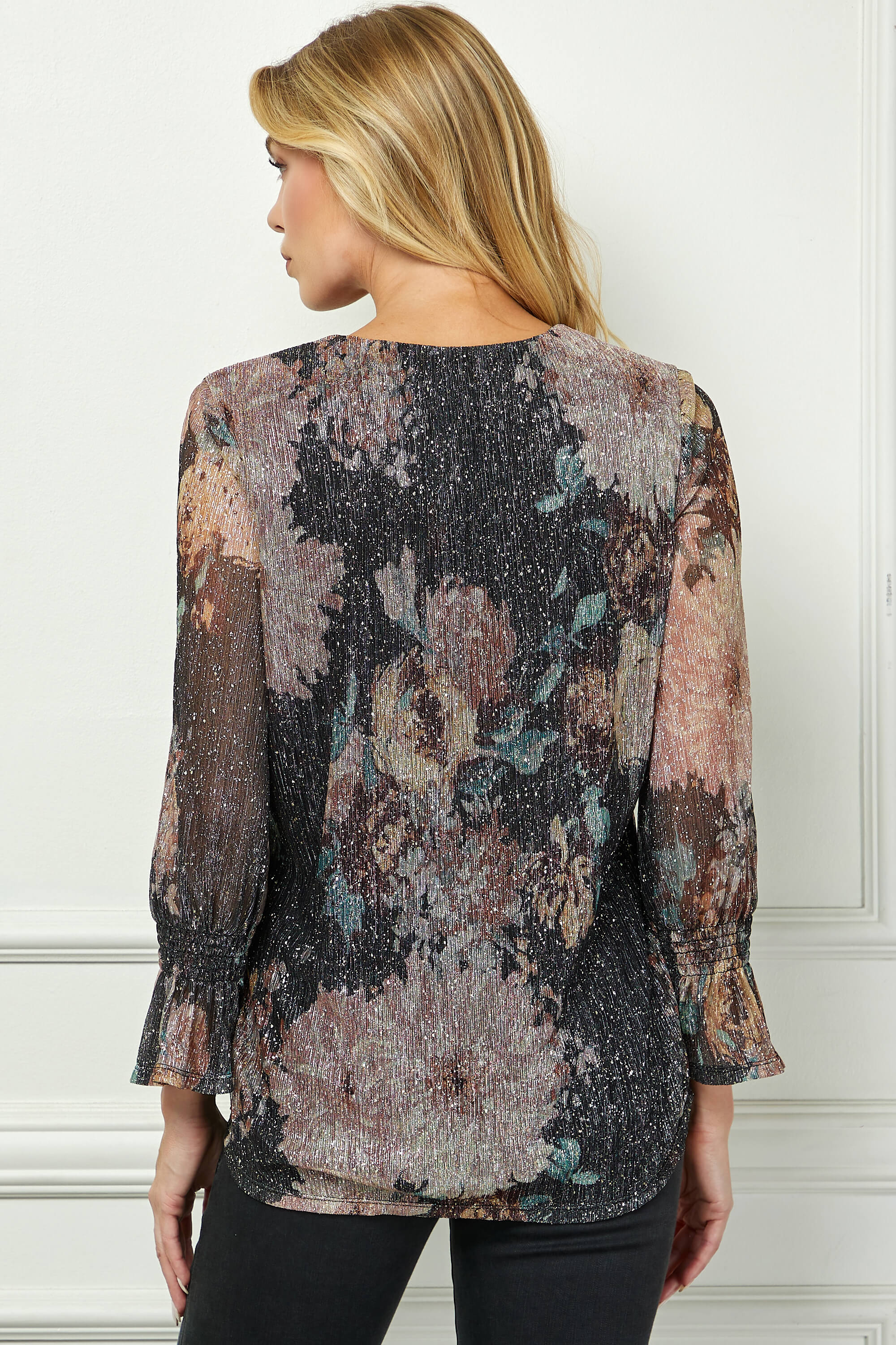 3/4 Ruffle Sleeve V-Neck Blouse - Black - Image 4