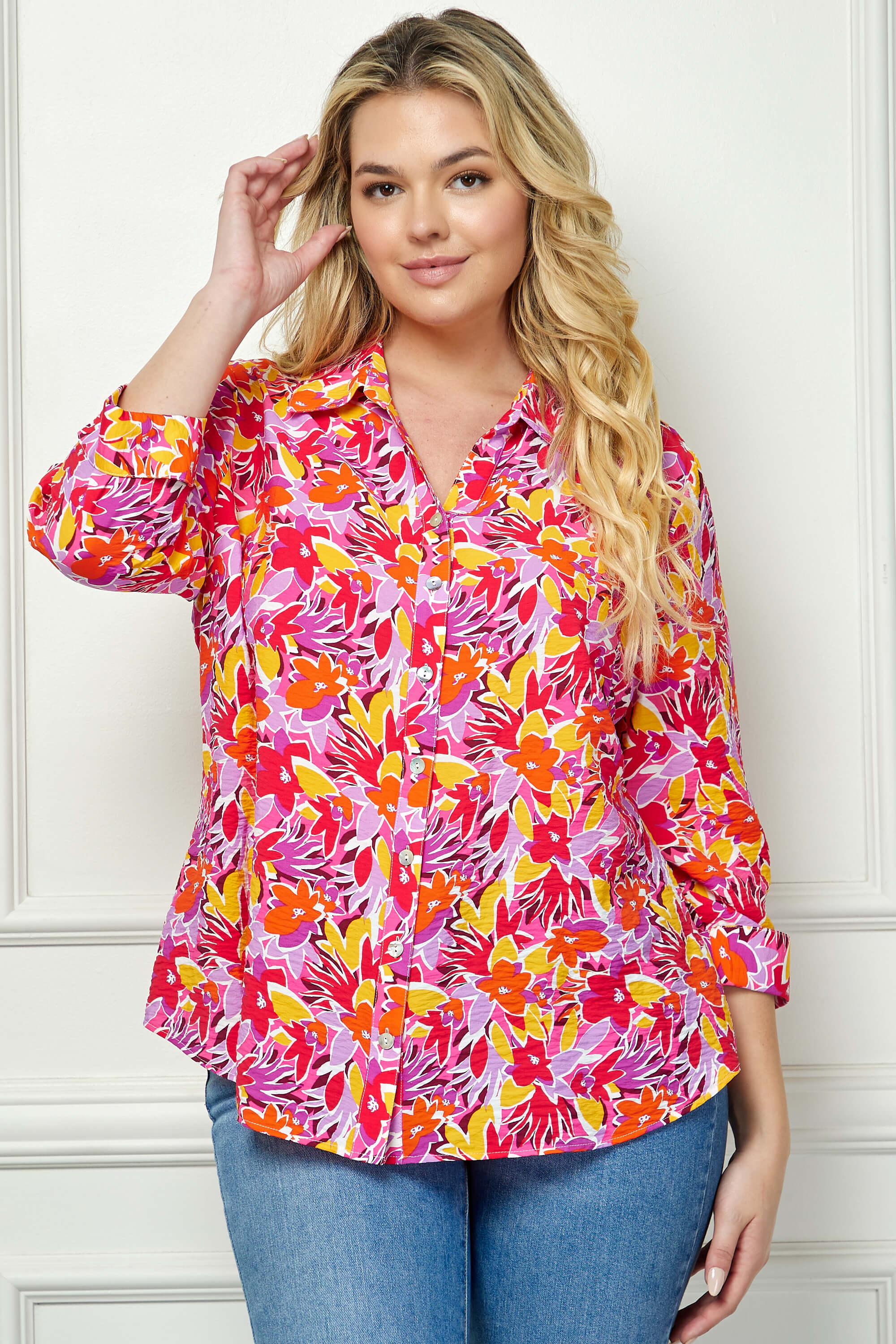 3/4 Sleeve Johnny Collar Button Front Top in Pink - Plus - Image 2