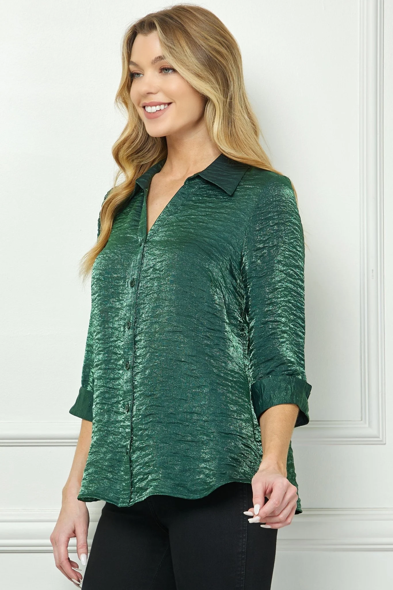 3/4 Sleeve Notch Button-Front Shirt, Hunter - Image 4