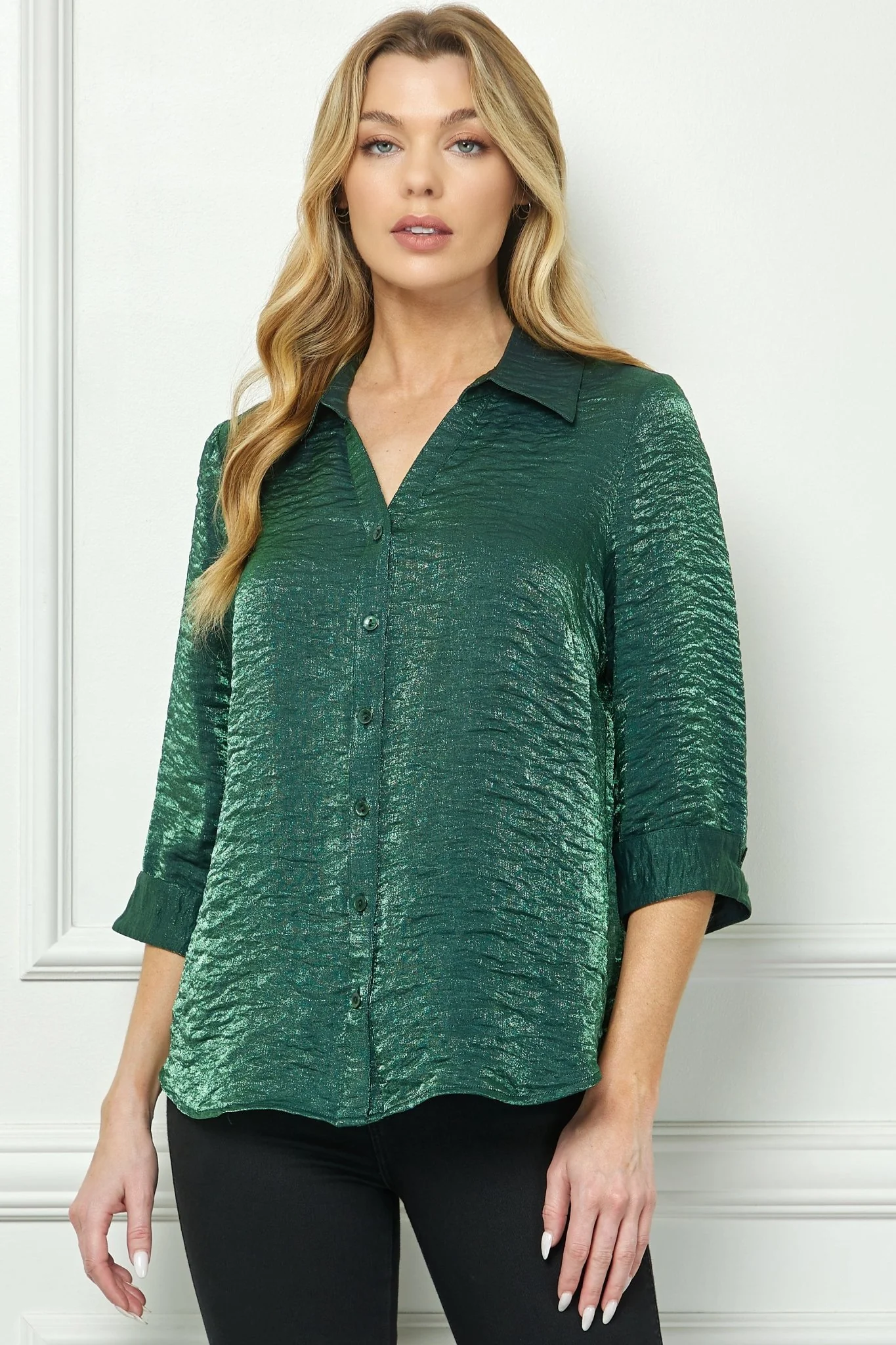 3/4 Sleeve Notch Button-Front Shirt, Hunter - Image 5