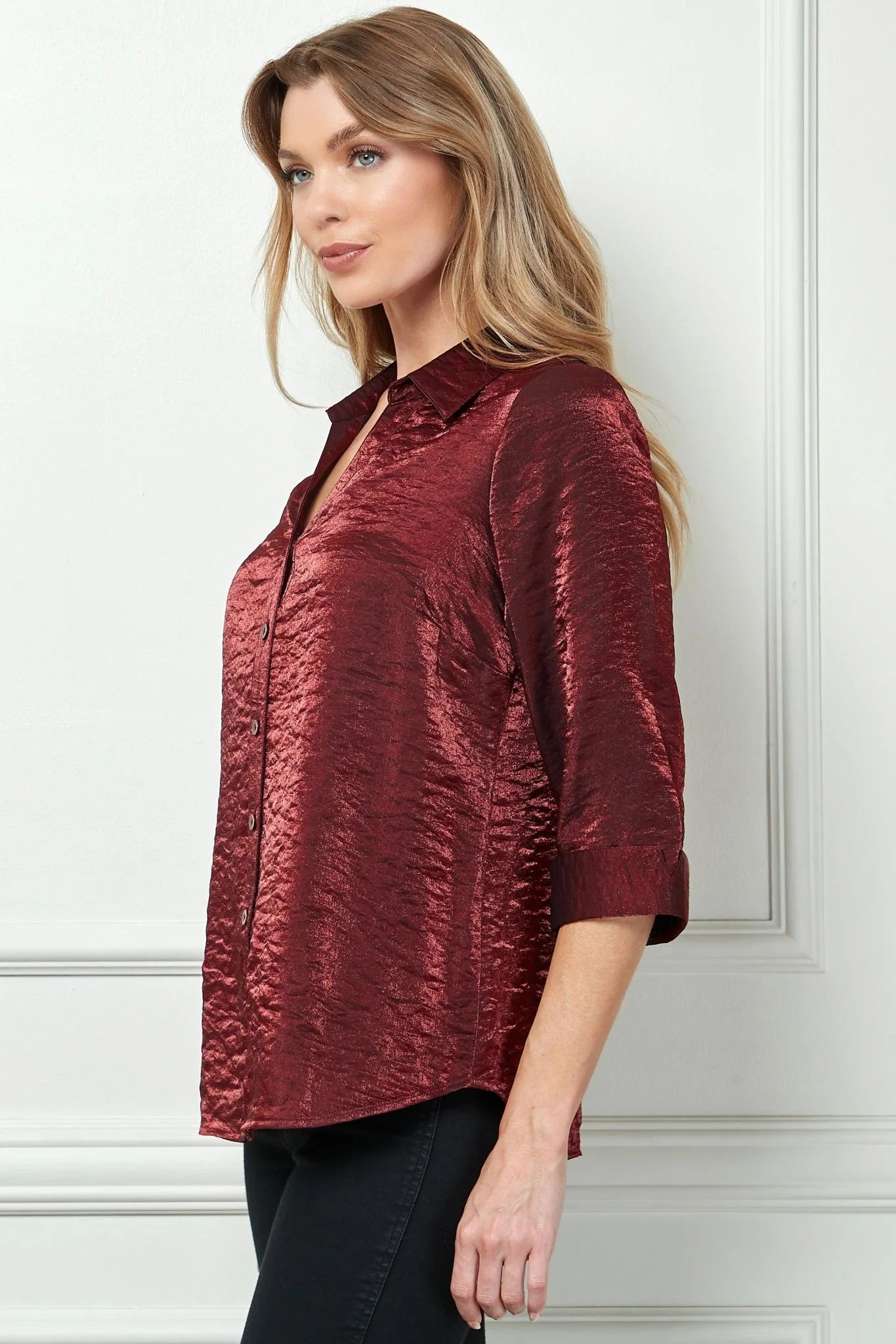 3/4 Sleeve Notch Button Front Shirt, Red - Image 3