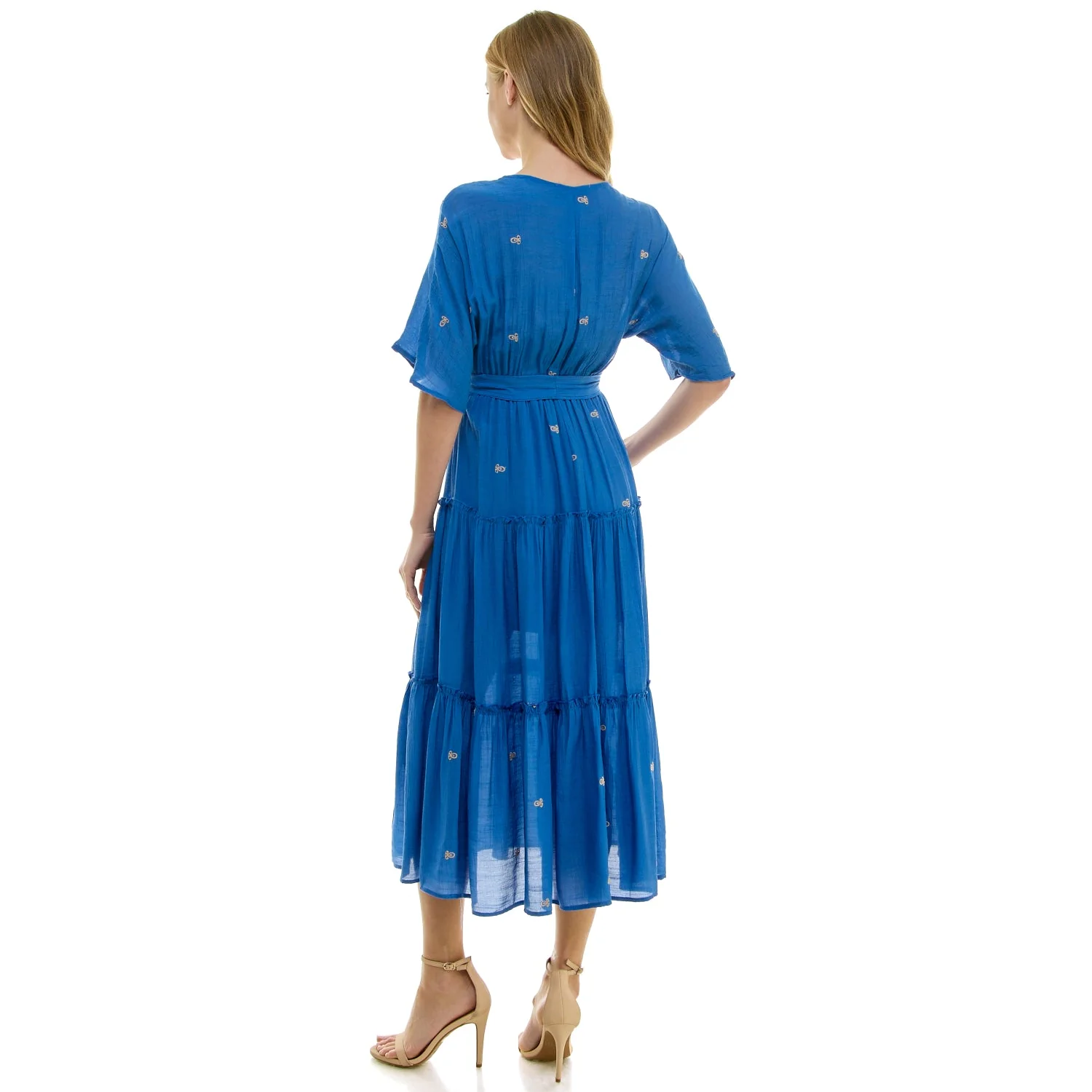 3/4 Sleeve Wrap Style Dress With Scallop Embroidered Neck - Image 3