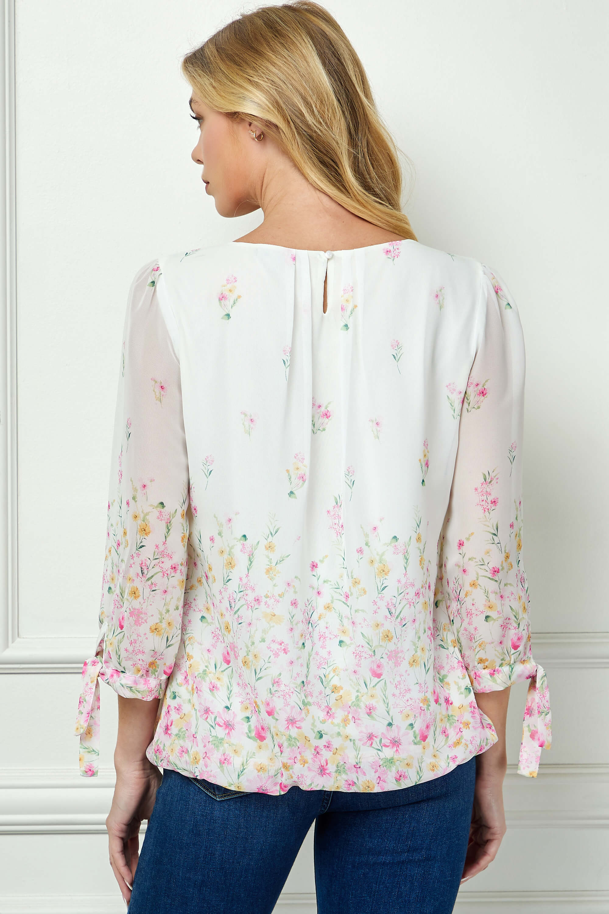 3/4 Tie Sleeve Pleat Neck Border Print Bubble Blouse in Ivory/Yellow/Pink - Image 2