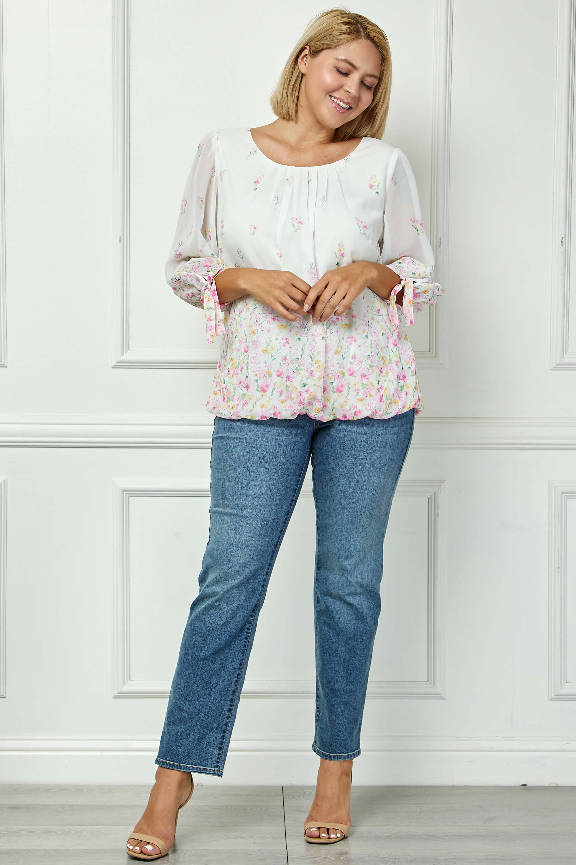 3/4 Tie Sleeve Pleat Neck Border Print Bubble Blouse in Ivory/Yellow/Pink - Plus - Image 4