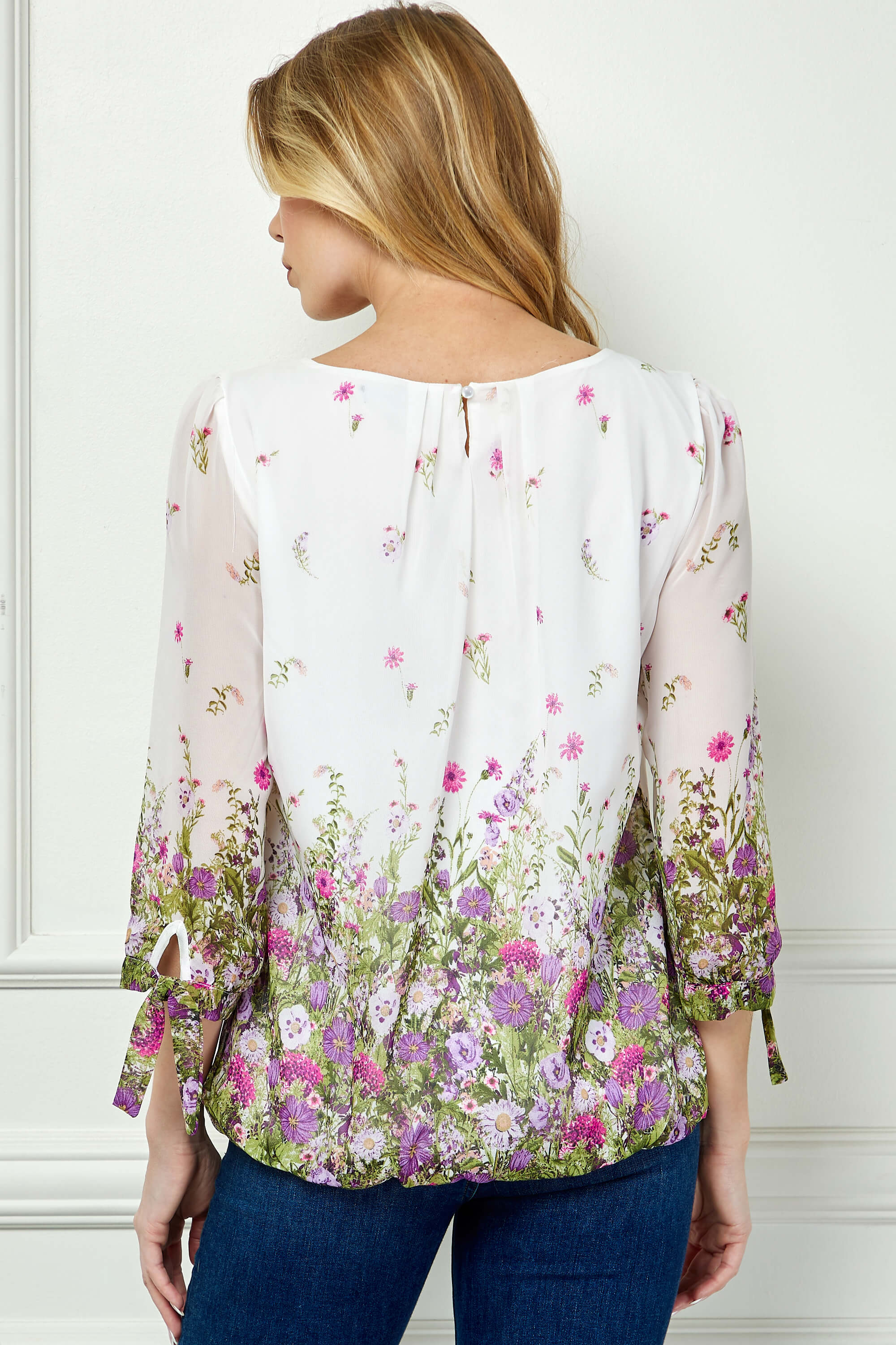 3/4 Tie Sleeve Pleat Neck Border Print Bubble Blouse in White/Purple/Sage - Image 2
