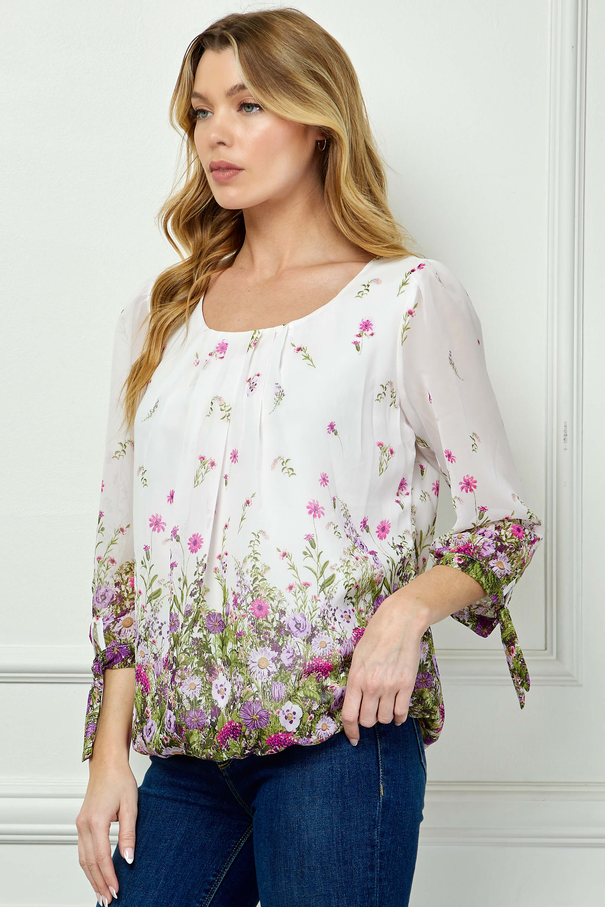 3/4 Tie Sleeve Pleat Neck Border Print Bubble Blouse in White/Purple/Sage - Image 3