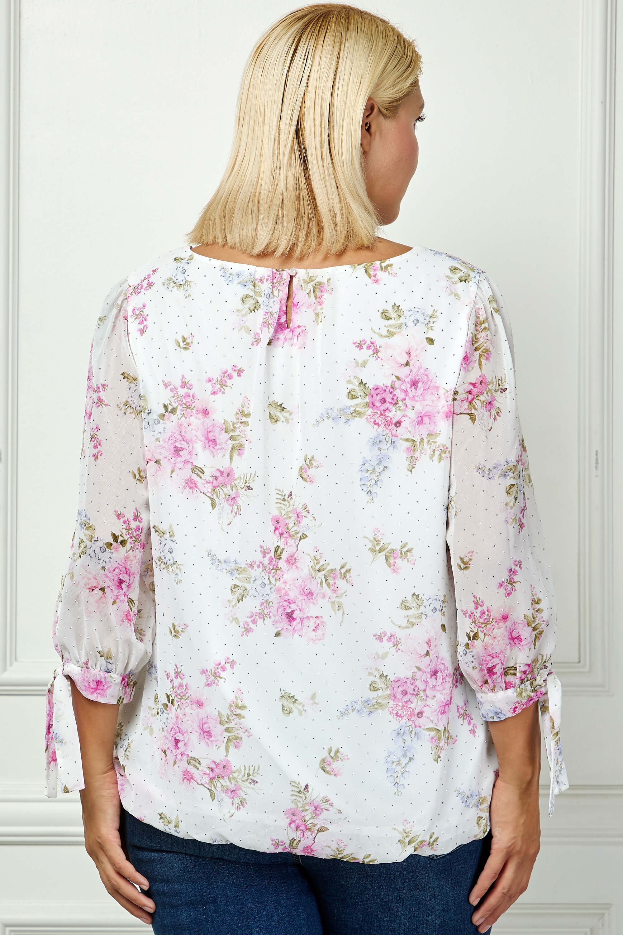 3/4 Tie Sleeve Pleat Neck Bubble Blouse in Ivory - Plus - Image 2