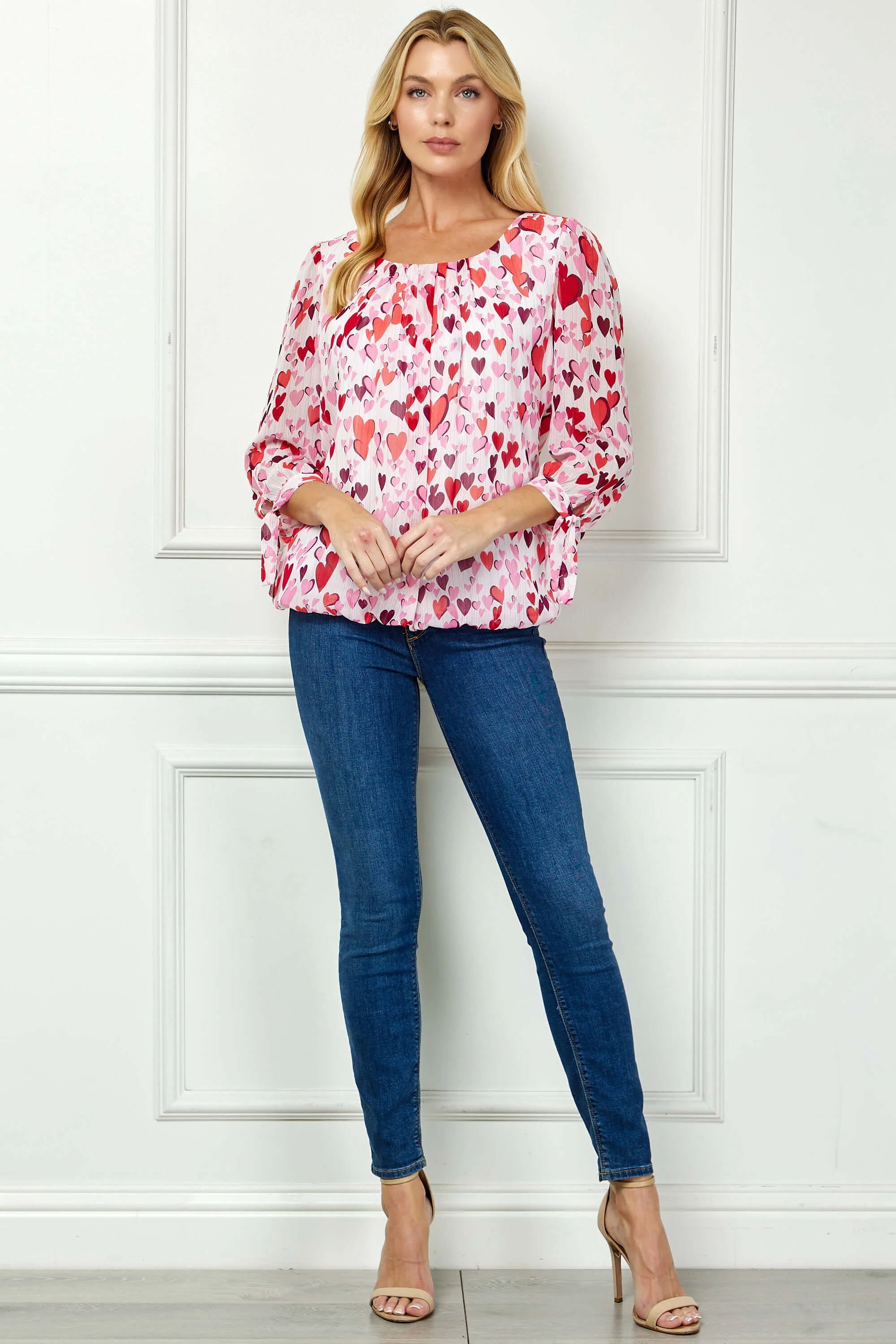 3/4 Tie Sleeve Pleat Neck Bubble Blouse in Red Multi - Image 3