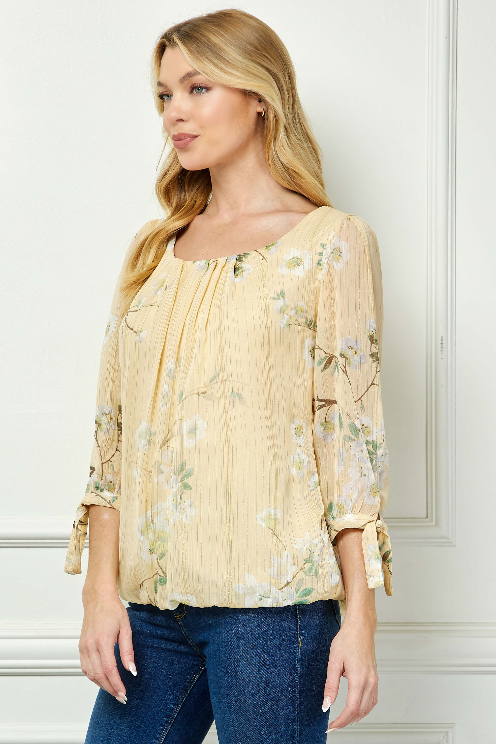 3/4 Tie Sleeve Pleat Neck Bubble Blouse in Yellow - Image 3