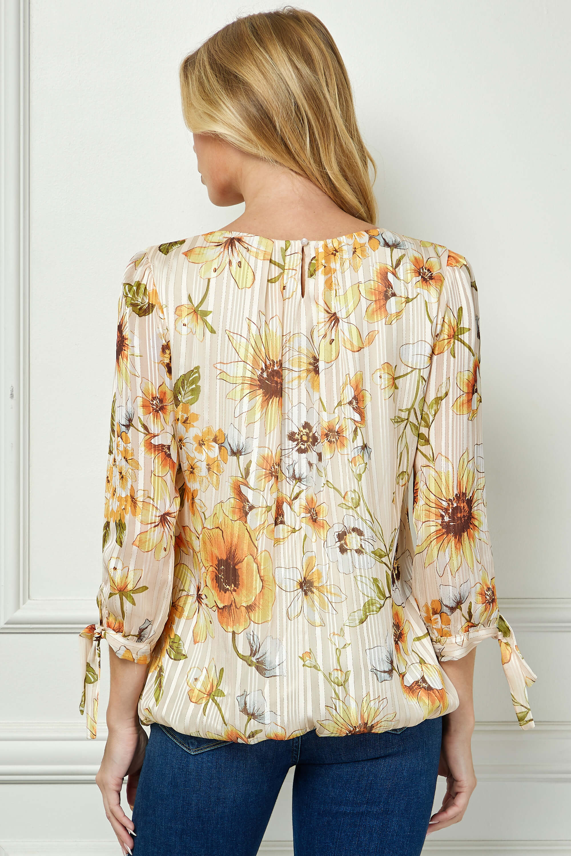 3/4 Tie Sleeve Pleat Neck Bubble Blouse in Yellow Pansy - Image 2