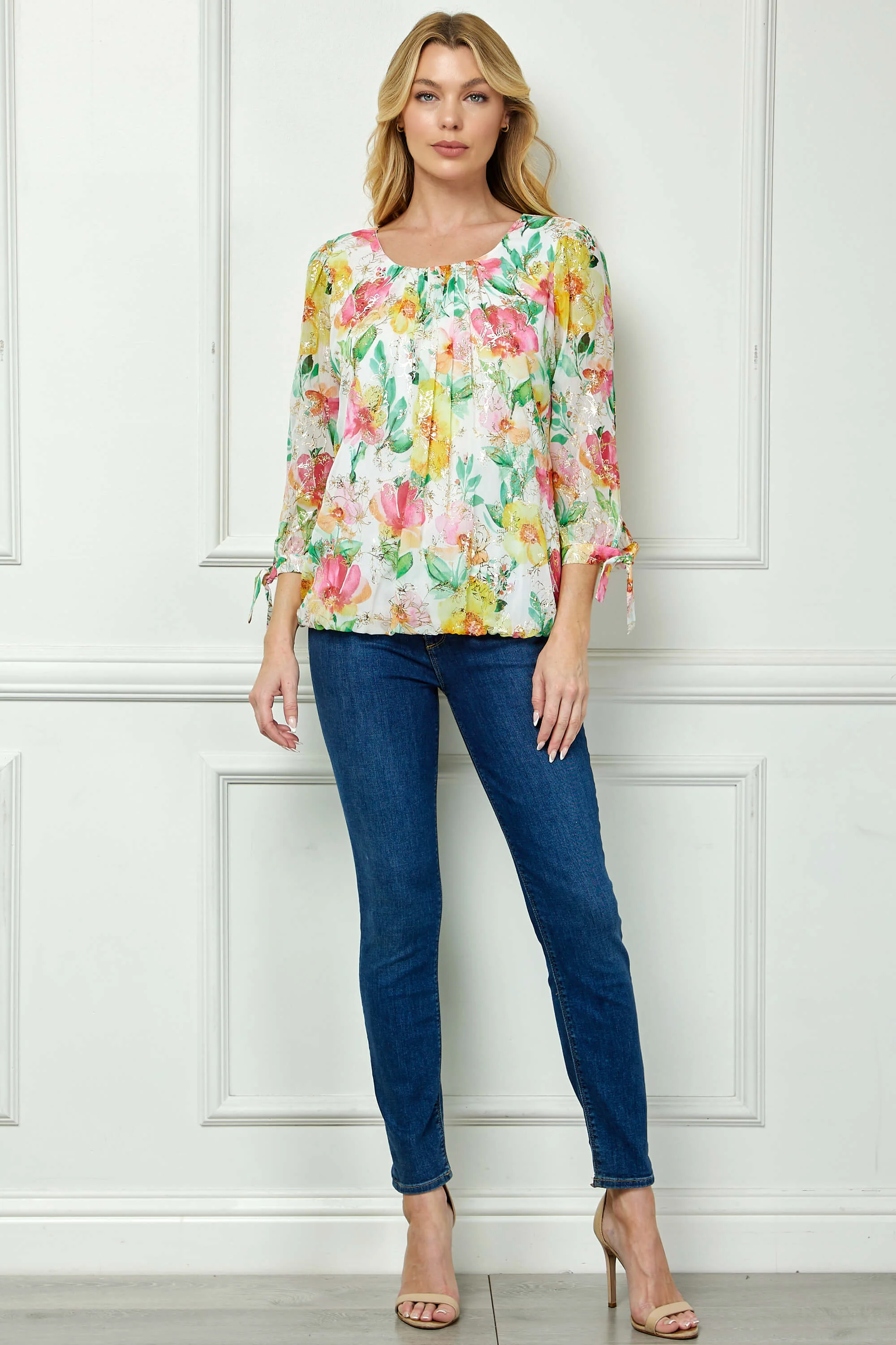 3/4 Tie Sleeve Pleat Neck Floral Foil Bubble Blouse in White/Pink/Green Multi - Image 4