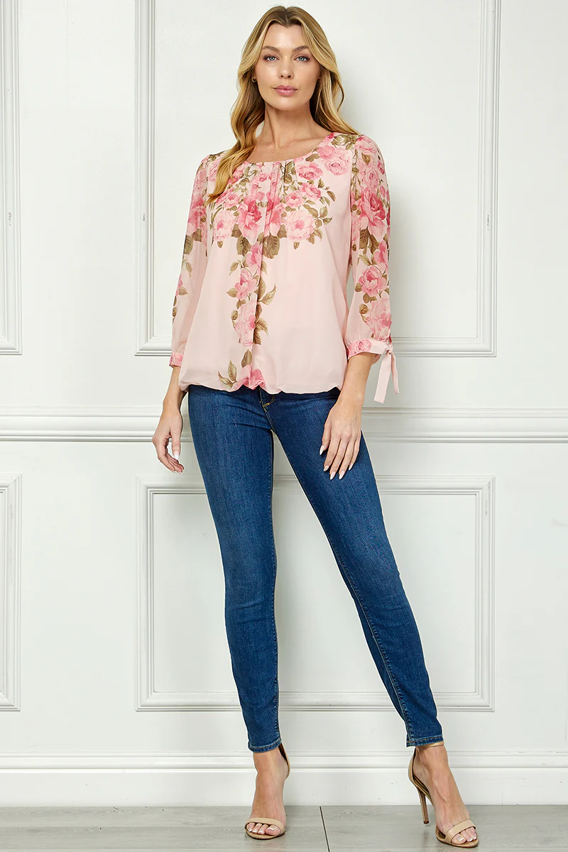 3/4 Tie Sleeve Pleat Neck Placement Print Bubble Blouse in Pink - Image 4