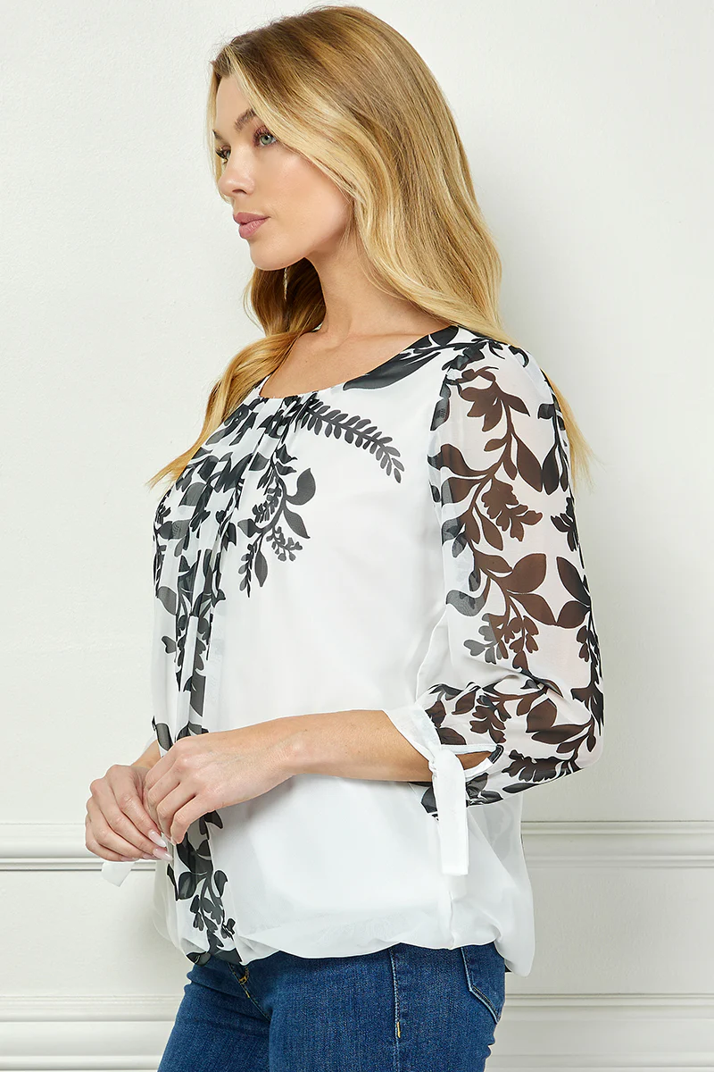 3/4 Tie Sleeve Pleat Neck Placement Print Bubble Blouse in White/Black - Image 3