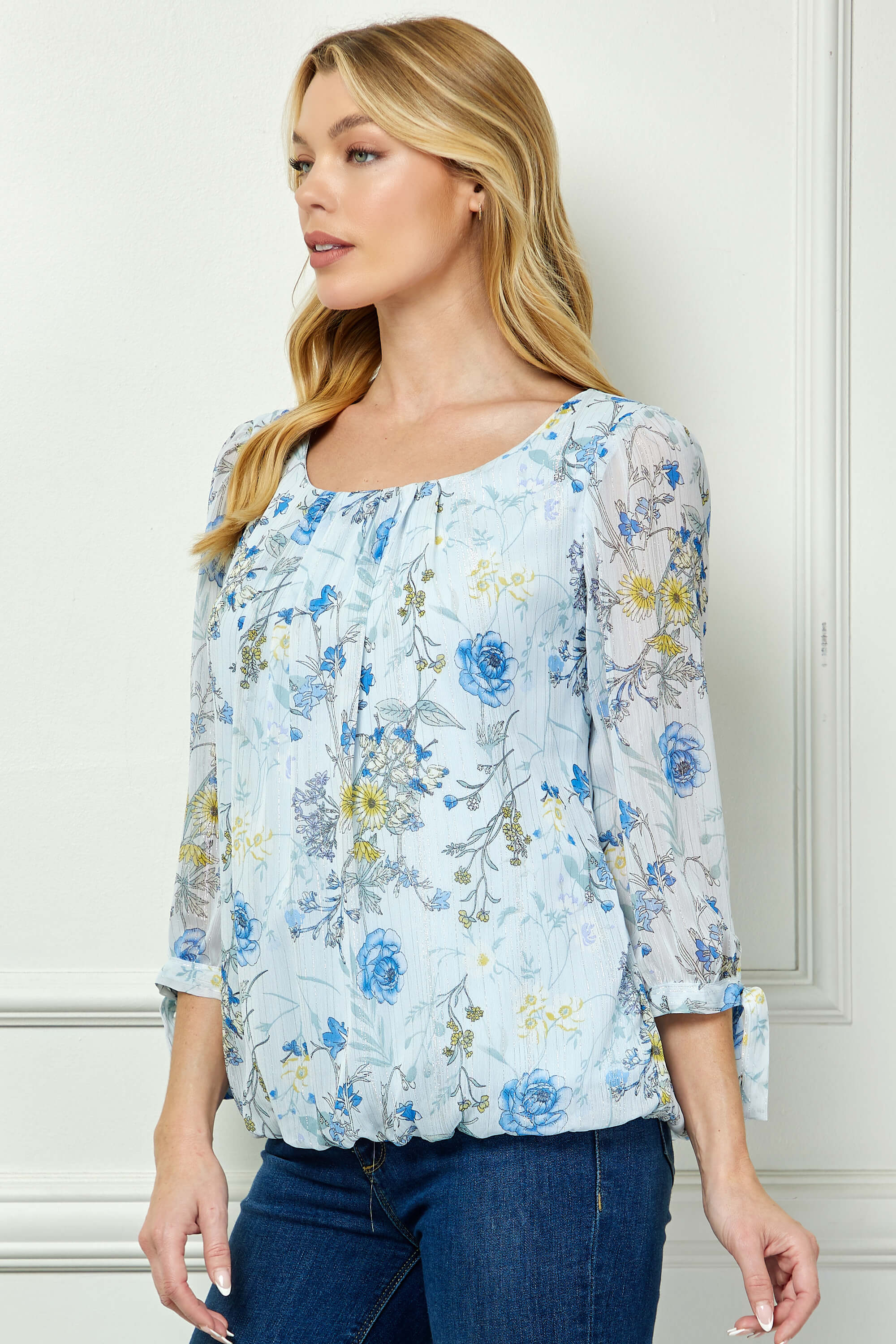 3/4 Tie Sleeve Pleat Neck Studded Bubble Blouse in Light Blue Floral - Image 3