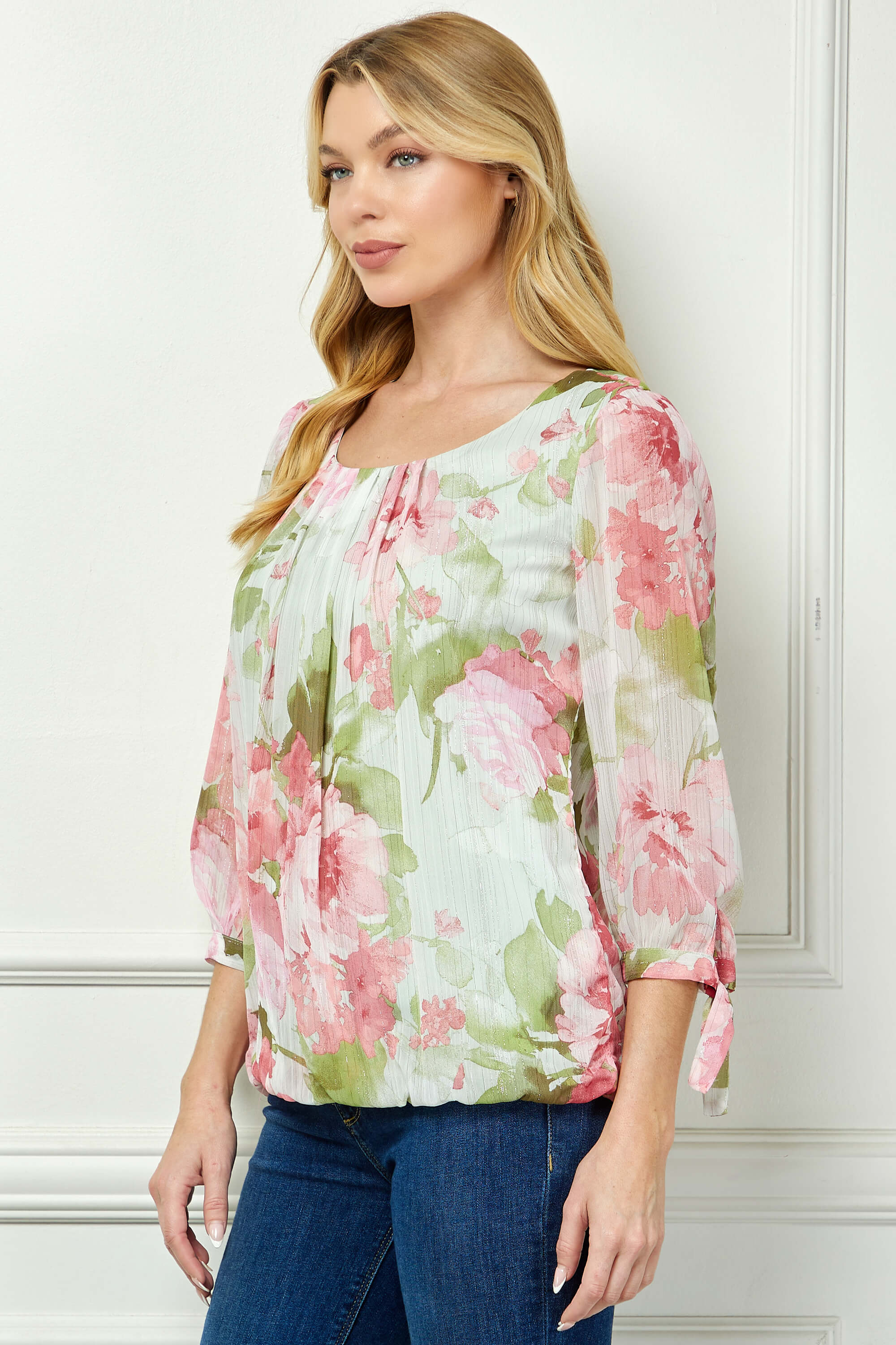 3/4 Tie Sleeve Pleat Neck Studded Bubble Blouse in Sage Watercolor - Image 3