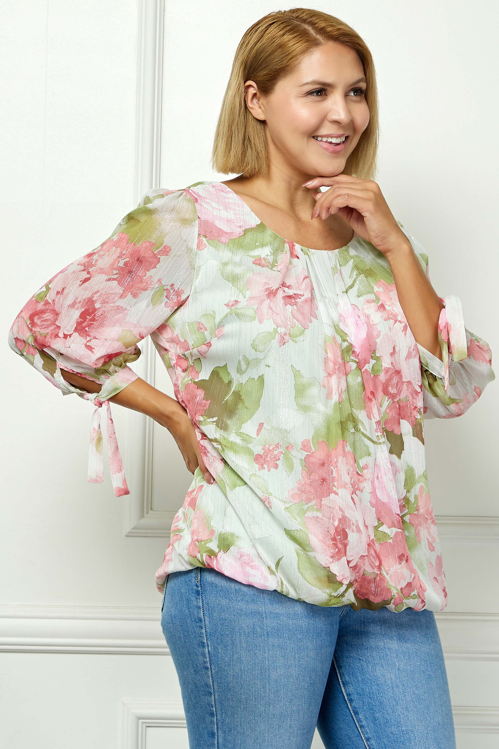 3/4 Tie Sleeve Pleat Neck Studded Bubble Blouse in Sage Watercolor - Plus - Image 3