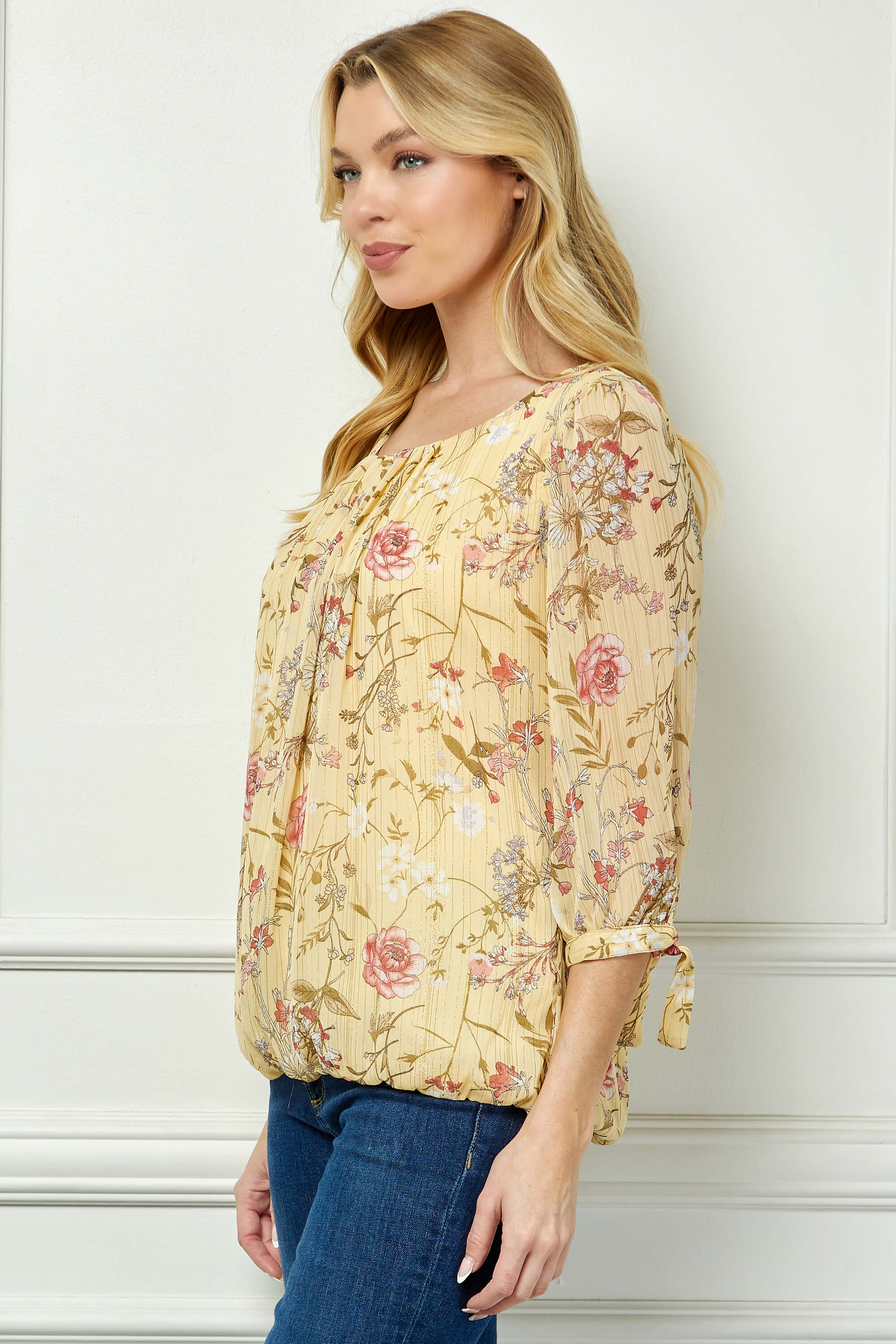 3/4 Tie Sleeve Pleat Neck Studded Bubble Blouse in Yellow Floral - Image 3