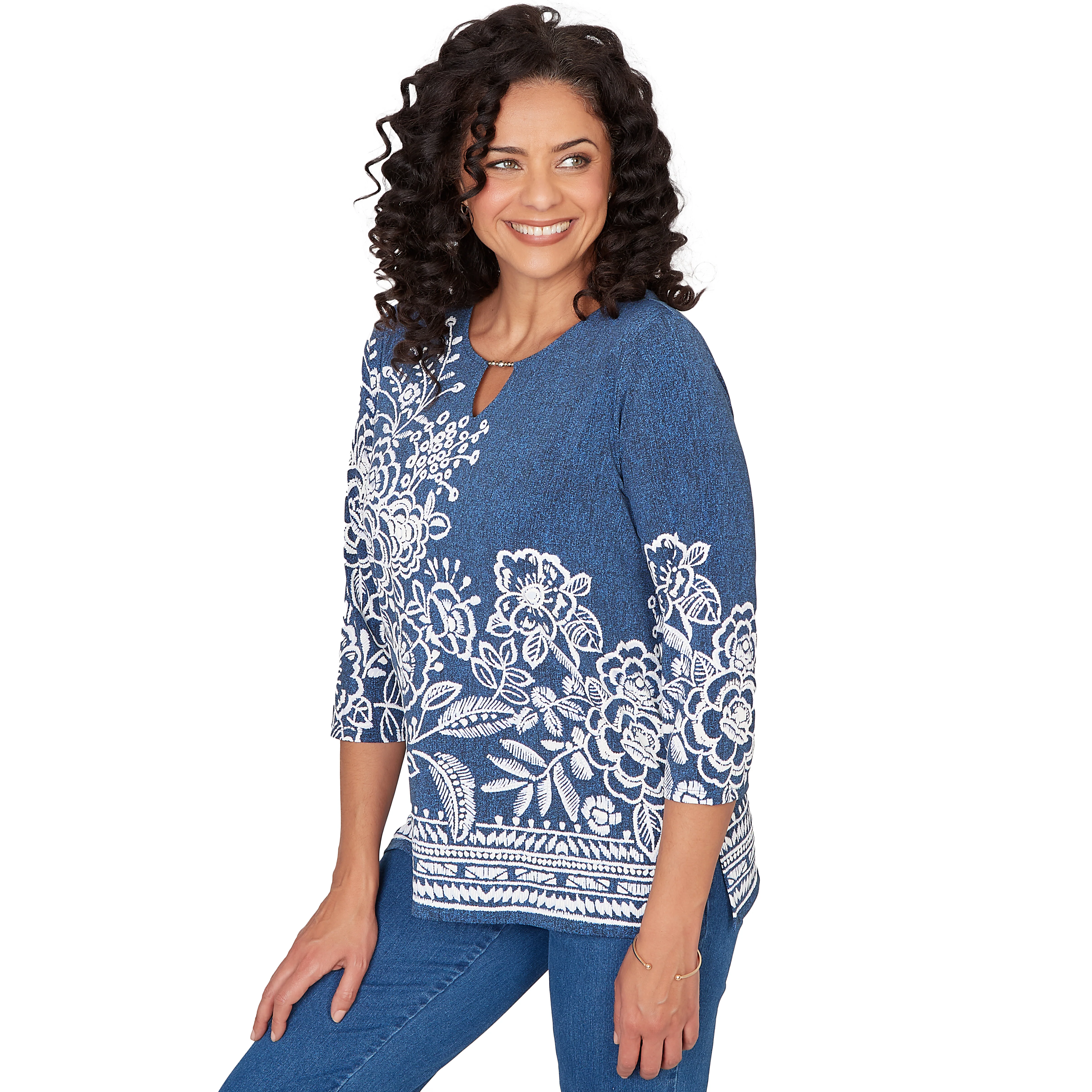 Alfred Dunner Floral Border Embroidered Split Neck Top- Petite - Image 3