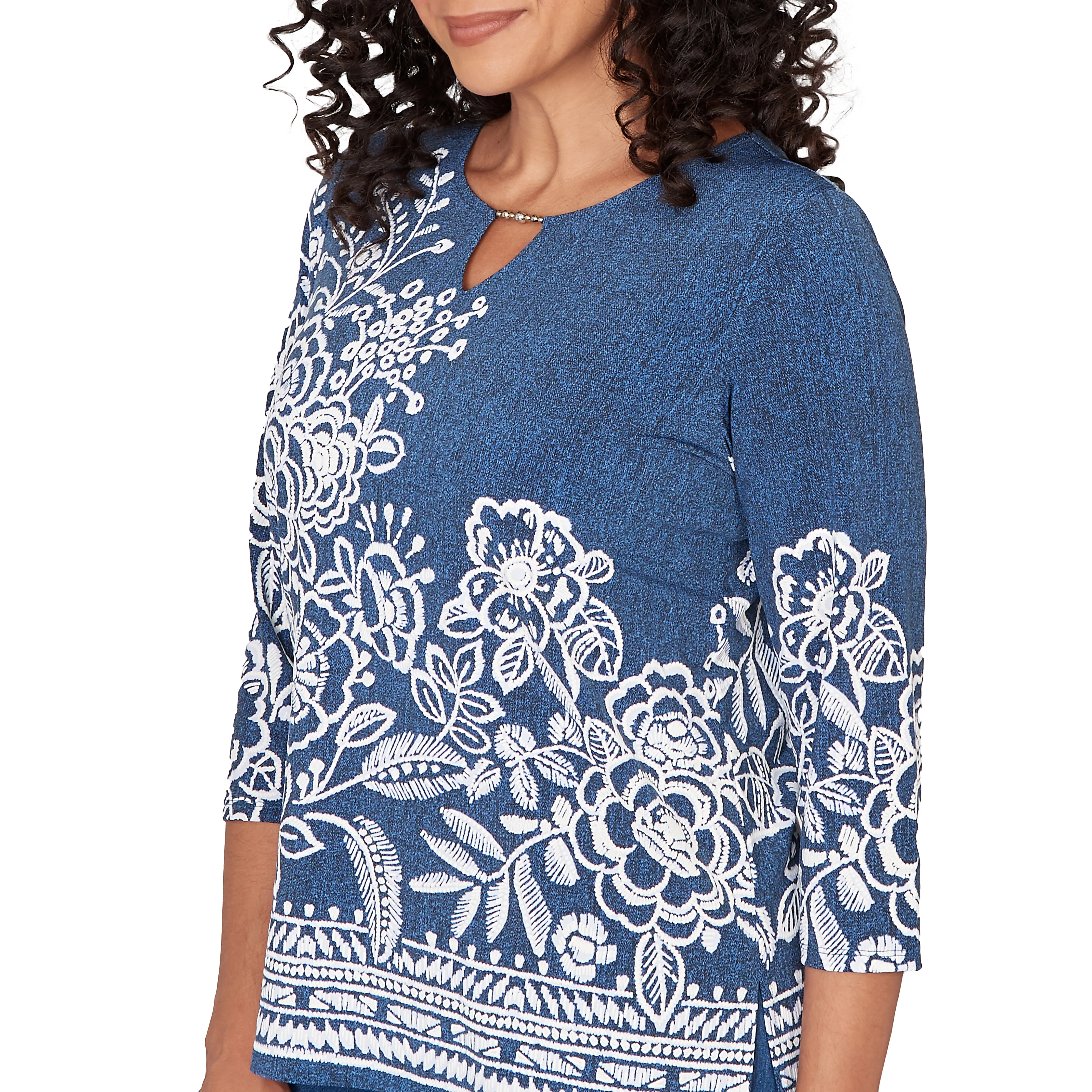 Alfred Dunner Floral Border Embroidered Split Neck Top- Petite - Image 5