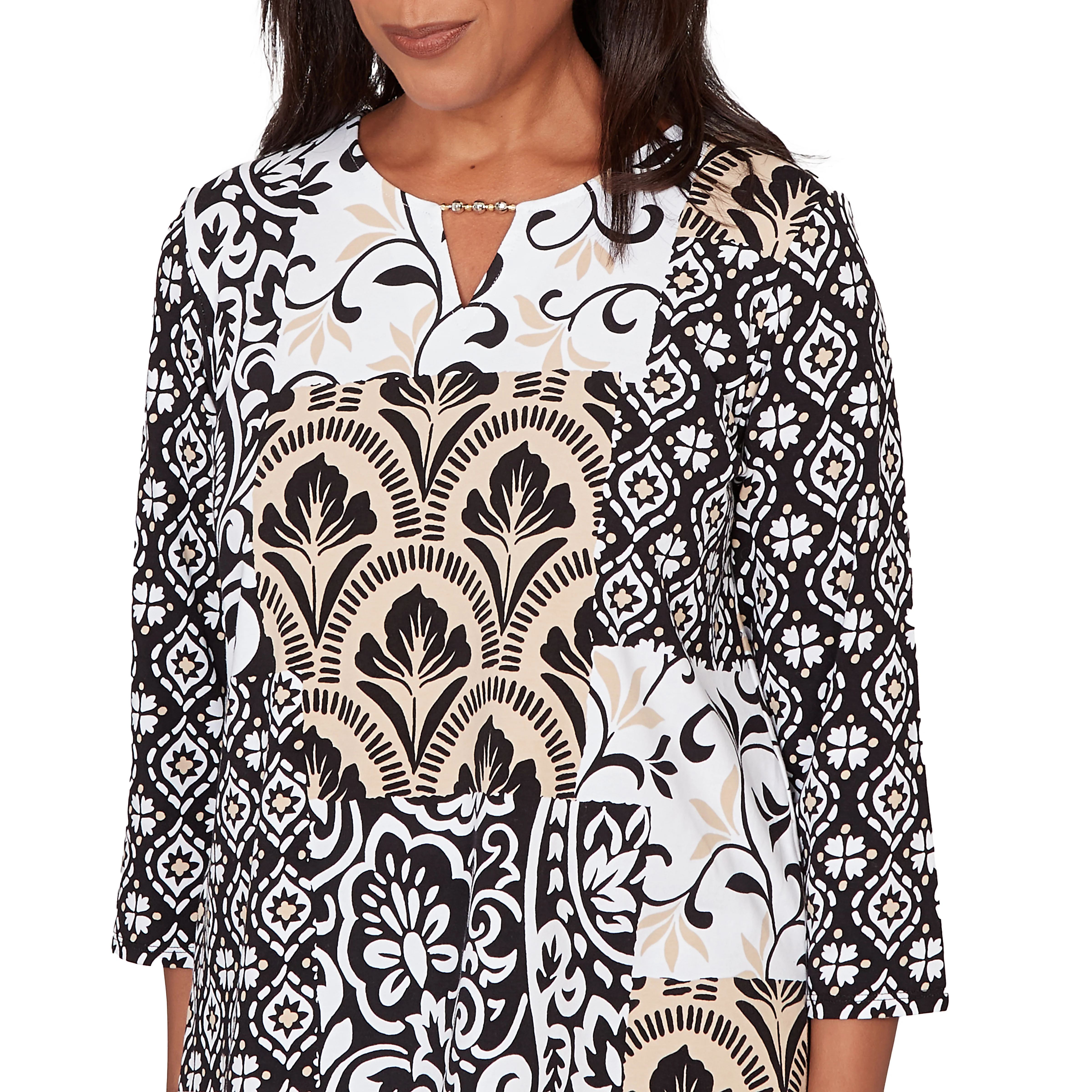 Alfred Dunner Geometric Scroll Patchwork Split Neck Top - Image 5