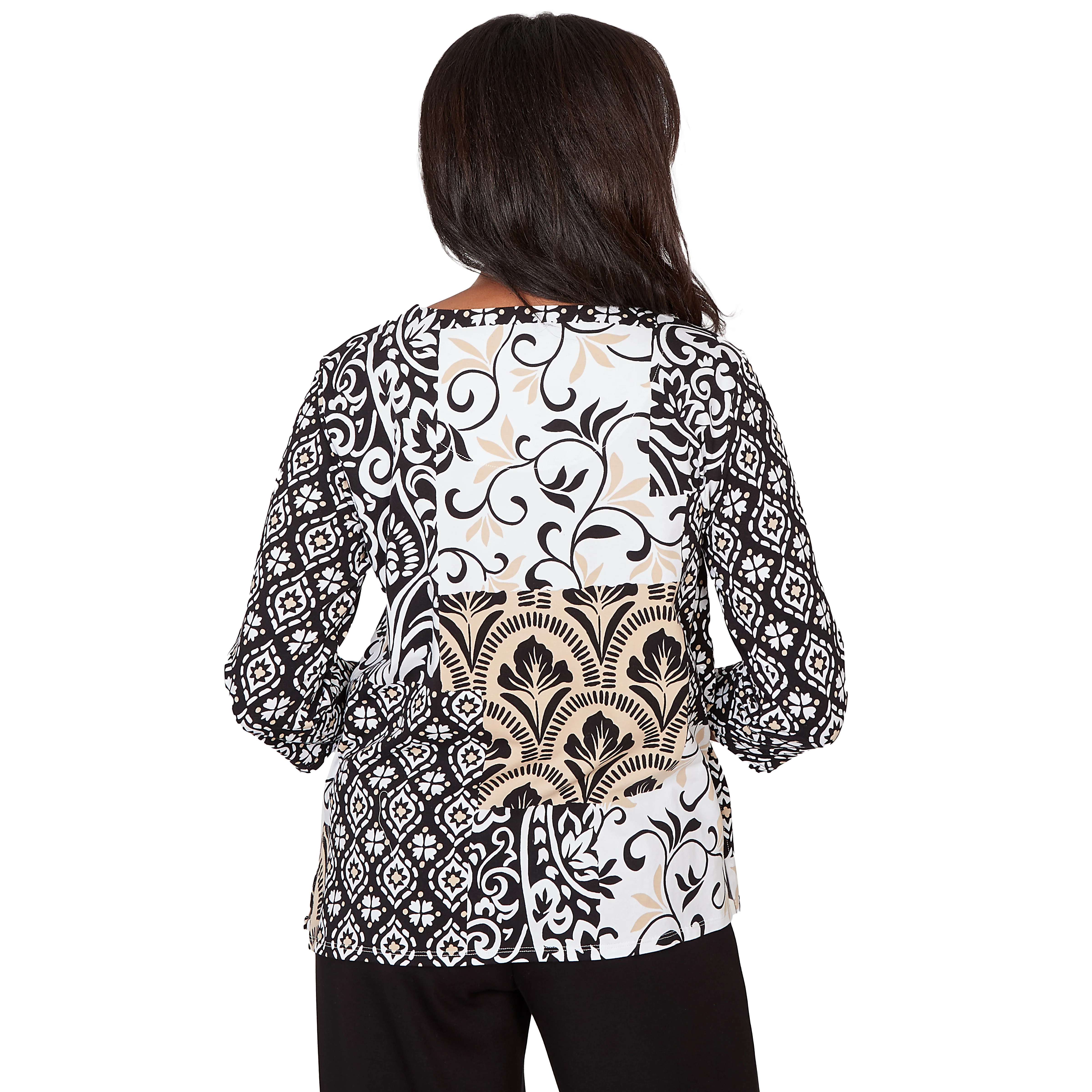Alfred Dunner Geometric Scroll Patchwork Split Neck Top- Petite - Image 2