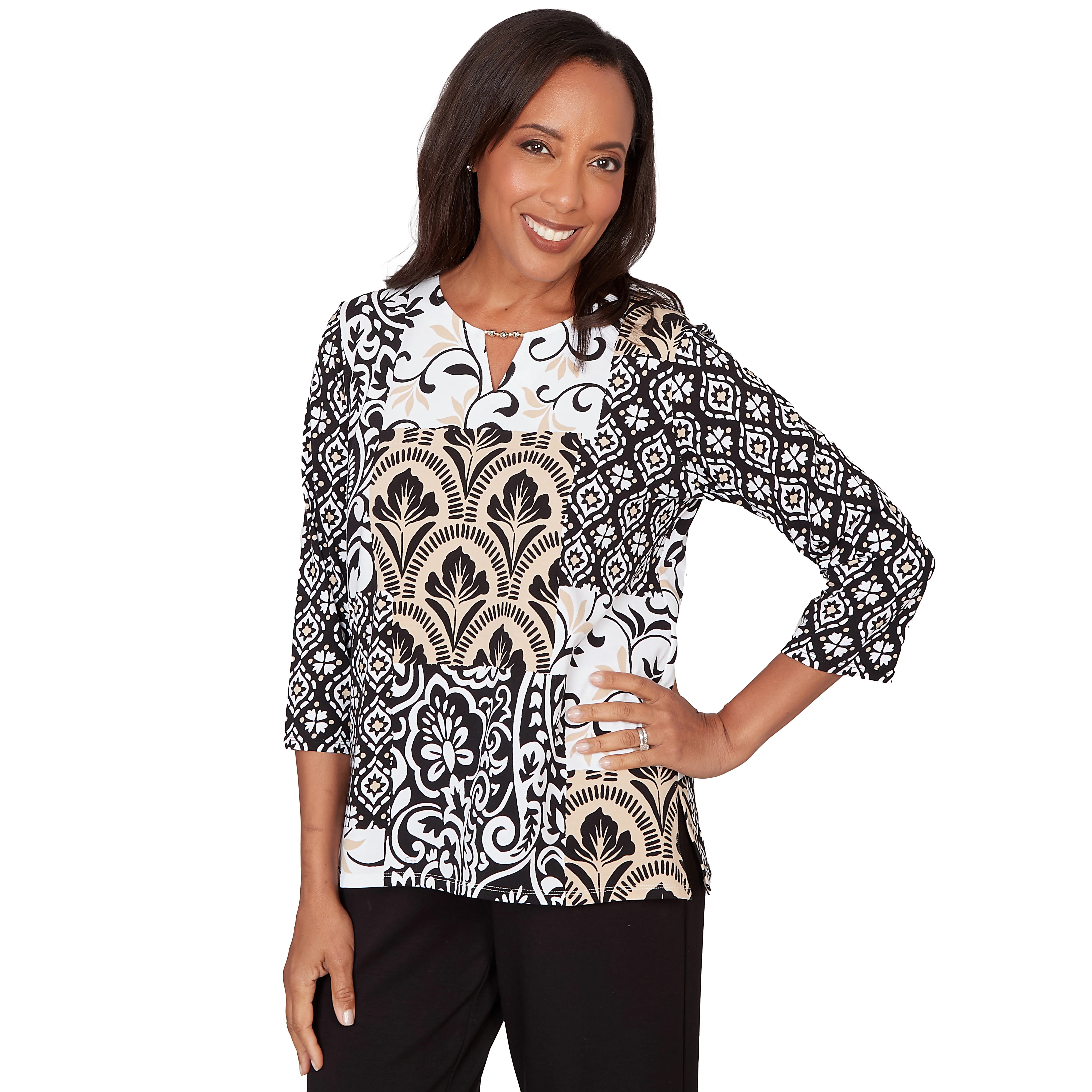 Alfred Dunner Geometric Scroll Patchwork Split Neck Top- Petite - Image 3